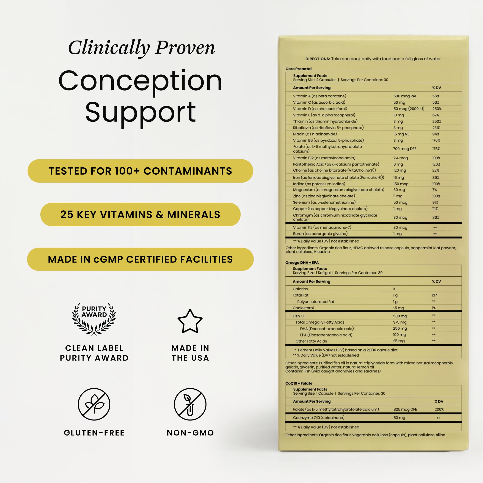 Perelel Conception Support Pack, Prenatal Multivitamin with DHA Omega 3, COQ10 & Folate, Supports Fertility Wellness for Women, Soy & Gluten Free, Non GMO, 30 Daily Pill Packs