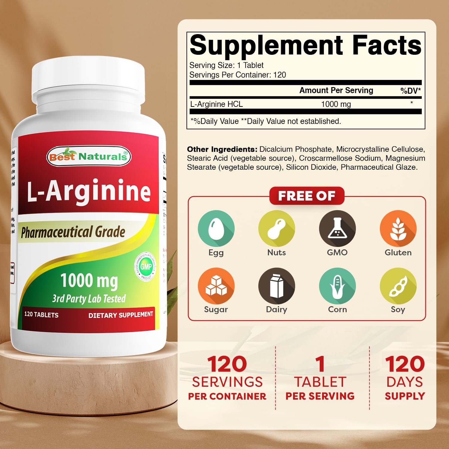 Best Naturals 3 Pack L-Arginine 1000 mg 120 Tablets - Pharmaceutical Grade L Arginine Supplement Promotes Nitric Oxide Synthesis (Total 360 Tablets)