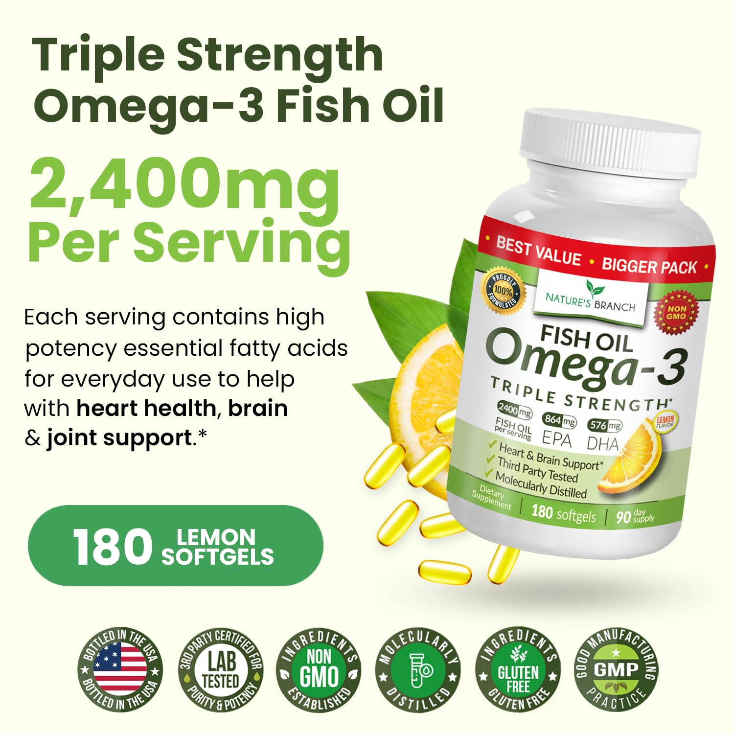 Triple Strength Omega 3 Fish Oil Supplements 2400mg | 180 Capsules, Burpless High Potency Lemon Flavor, High EPA DHA for Men & Women Ultra Pure Softgels | Joint Support, Eyes, Heart Brain Health Pills