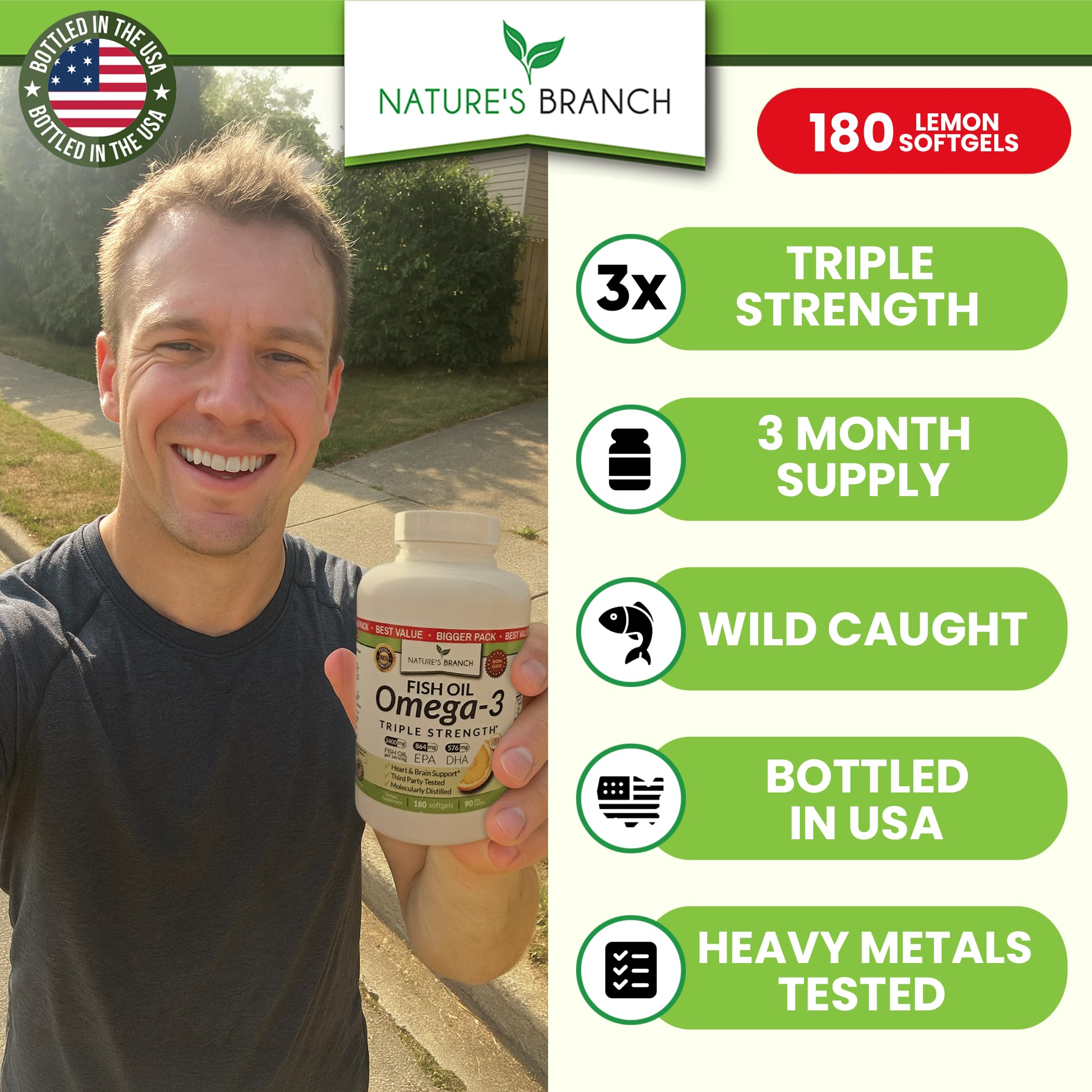 Triple Strength Omega 3 Fish Oil Supplements 2400mg | 180 Capsules, Burpless High Potency Lemon Flavor, High EPA DHA for Men & Women Ultra Pure Softgels | Joint Support, Eyes, Heart Brain Health Pills