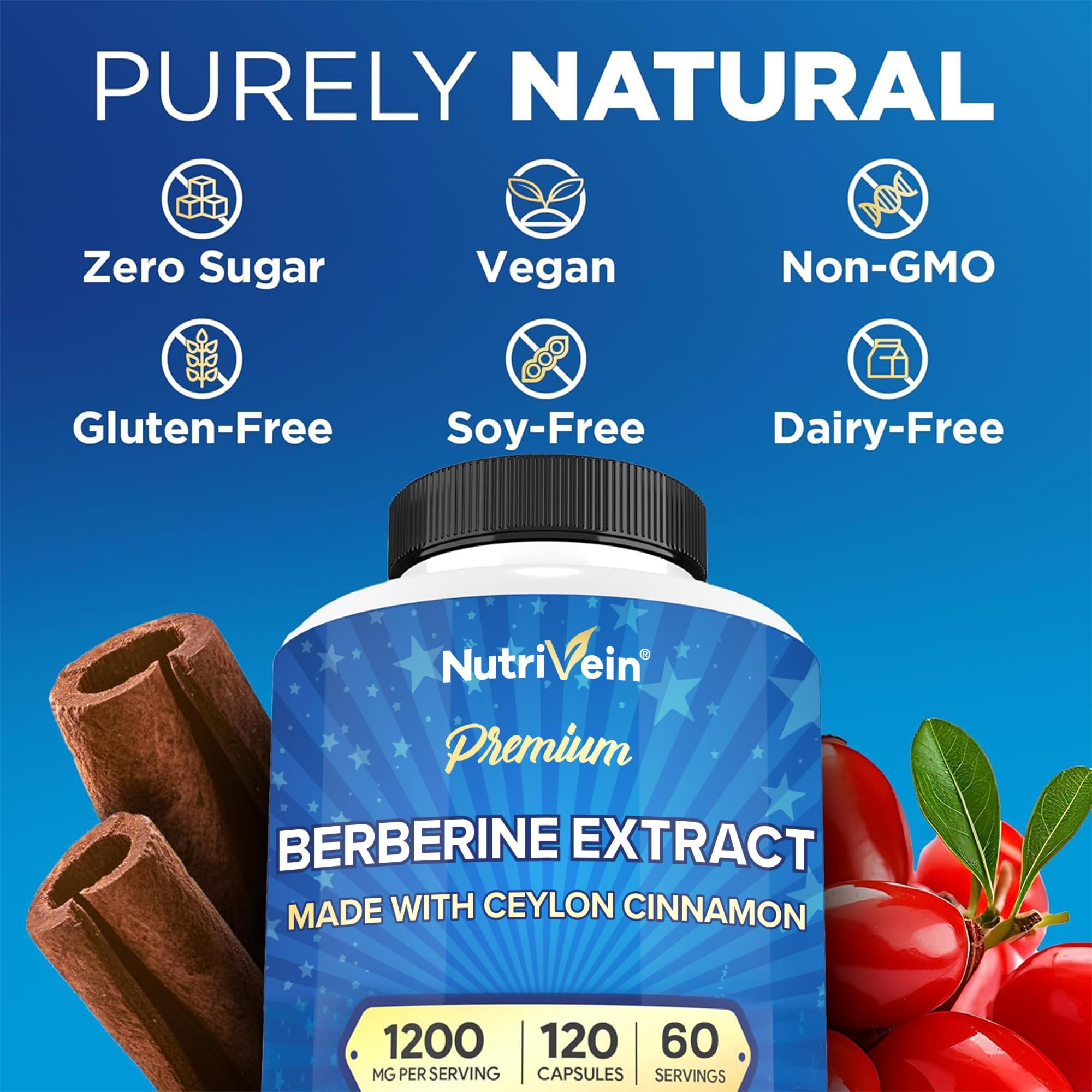Nutrivein Premium Berberine 1200 mg with Ceylon Cinnamon - 120 Capsules: High-Absorption Berberine Supplement for Defenses, Digestion, & Metabolism