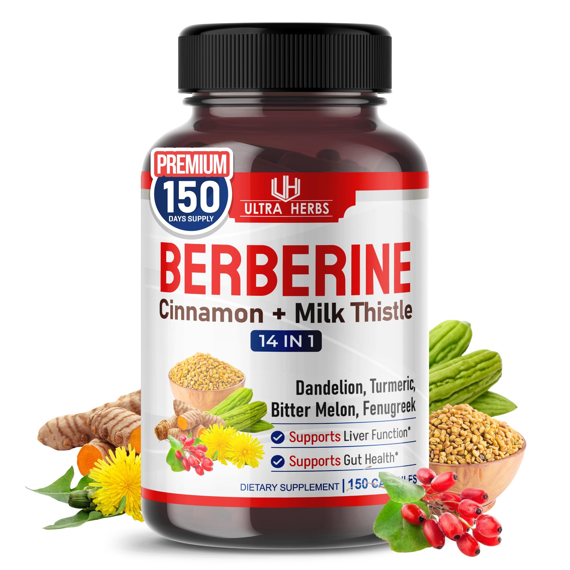 Ultra Herbs Premium Berberine with Cinnamon, Milk Thistle - Promotes Liver Function, Gut Health, Immunity (150 Count (Pack of 1))