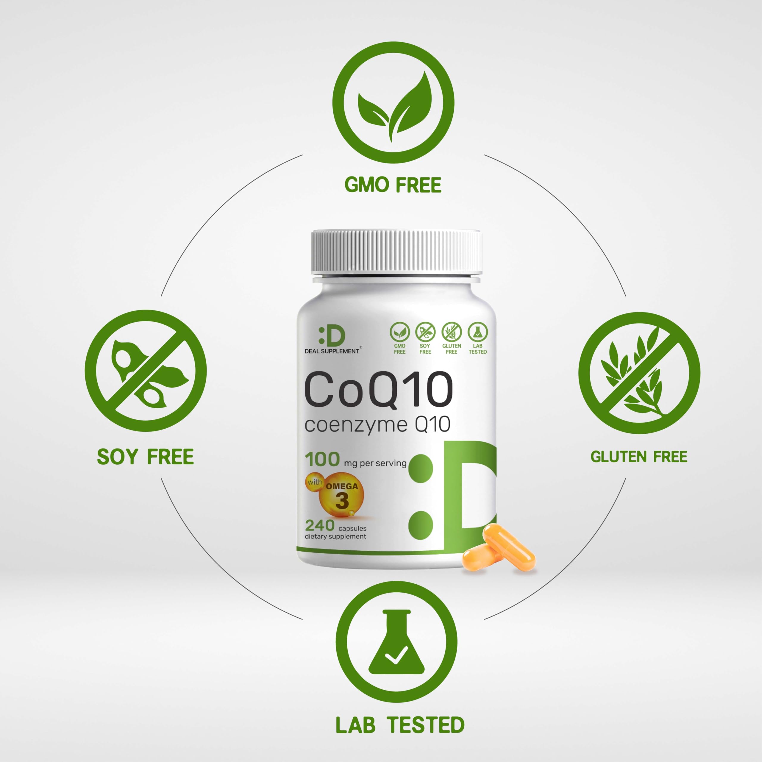 DEAL SUPPLEMENT CoQ10 100mg with Omega 3 100mg, 240 Capsules | Bioavailable Coenzyme Q10 Formula | Non-GMO