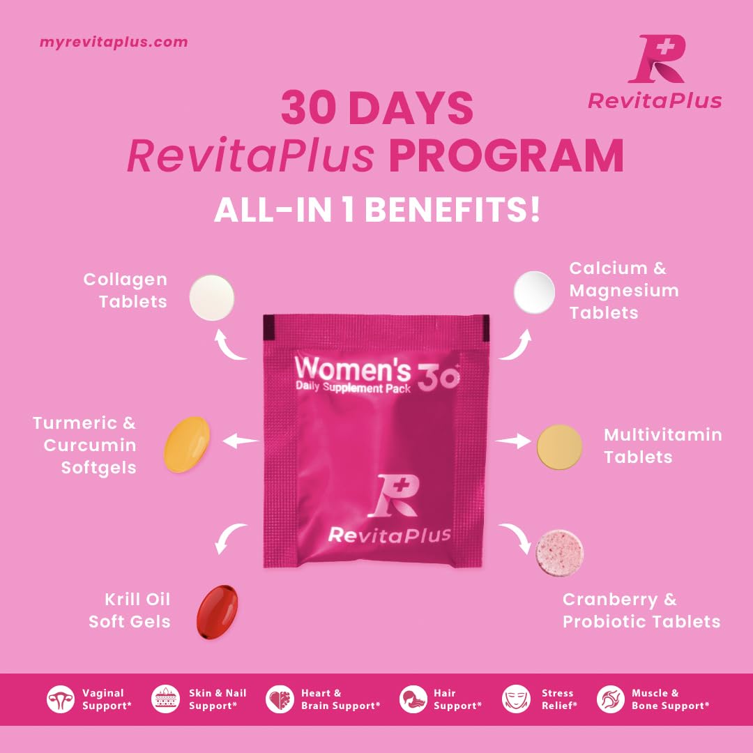 RevitaPlus Multivitamin for Women with Vitamin A,B,C,D3,E,K2,Biotin, Collagen,Krill Oil,Cranberries Supports Energy,Wellness,Beauty and Immune - Vitamin Packs for Women Health 30 Packs