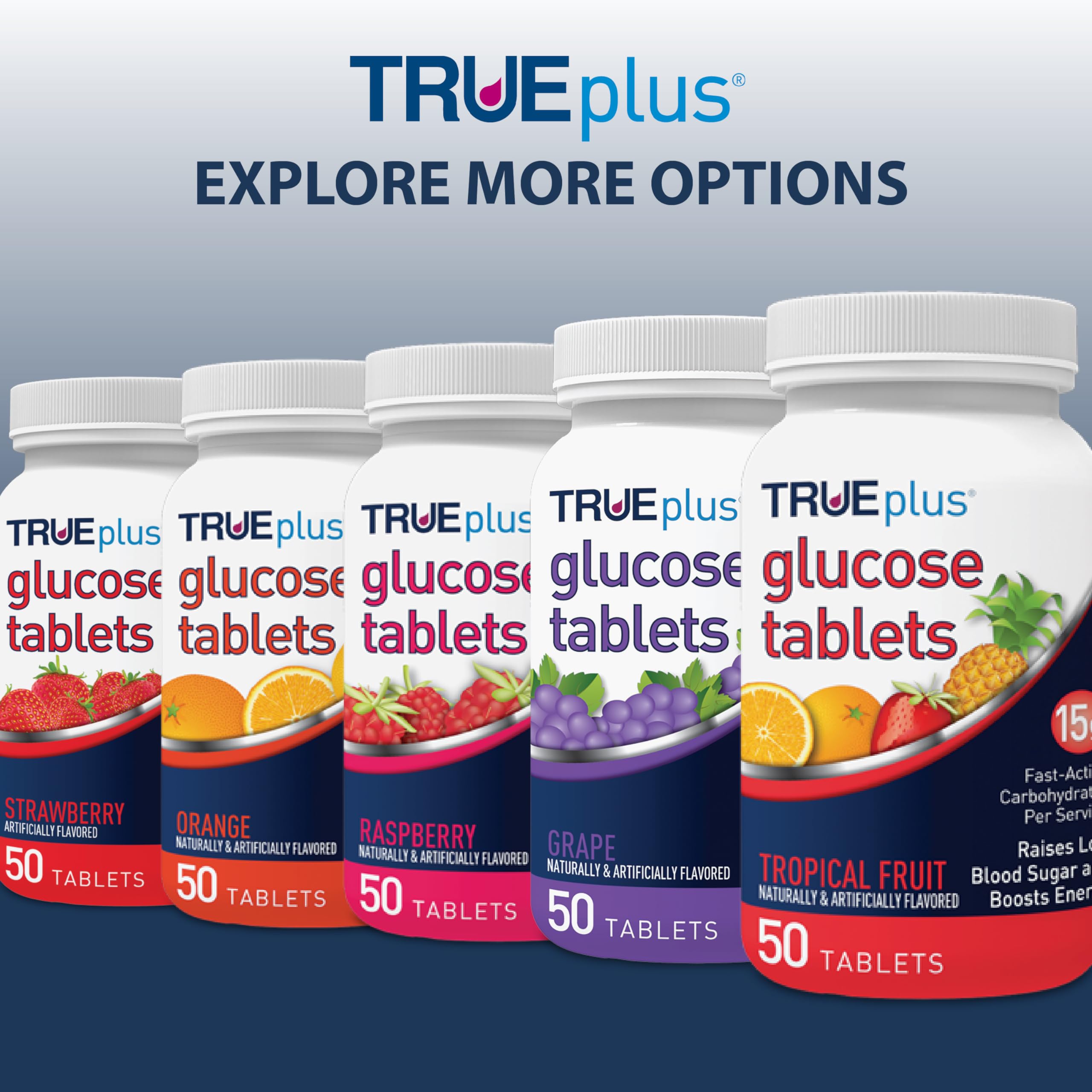 TRUEplus Glucose Tablets, Chewable, Orange Flavor, 15g Fast-Acting Carbohydrates, Fat Free, Gluten Free, Raise Low Blood Sugar and Boost Energy, 50 Count, 3 Bottles