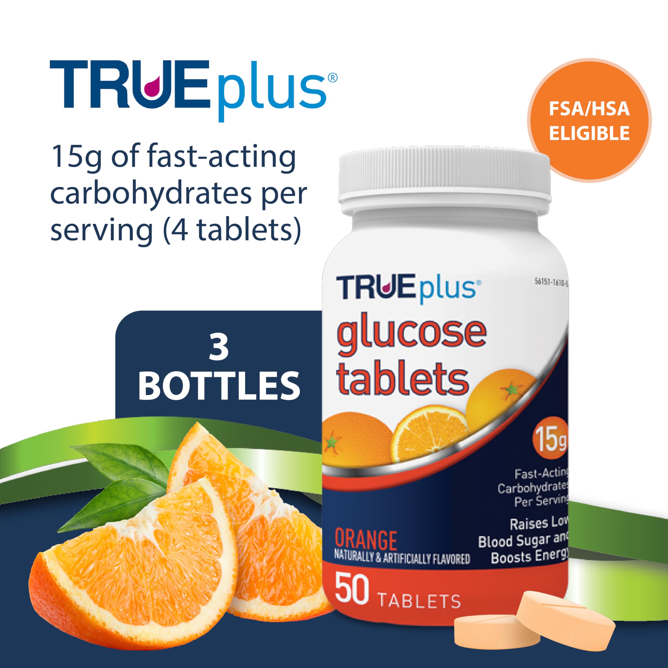 TRUEplus Glucose Tablets, Chewable, Orange Flavor, 15g Fast-Acting Carbohydrates, Fat Free, Gluten Free, Raise Low Blood Sugar and Boost Energy, 50 Count, 3 Bottles