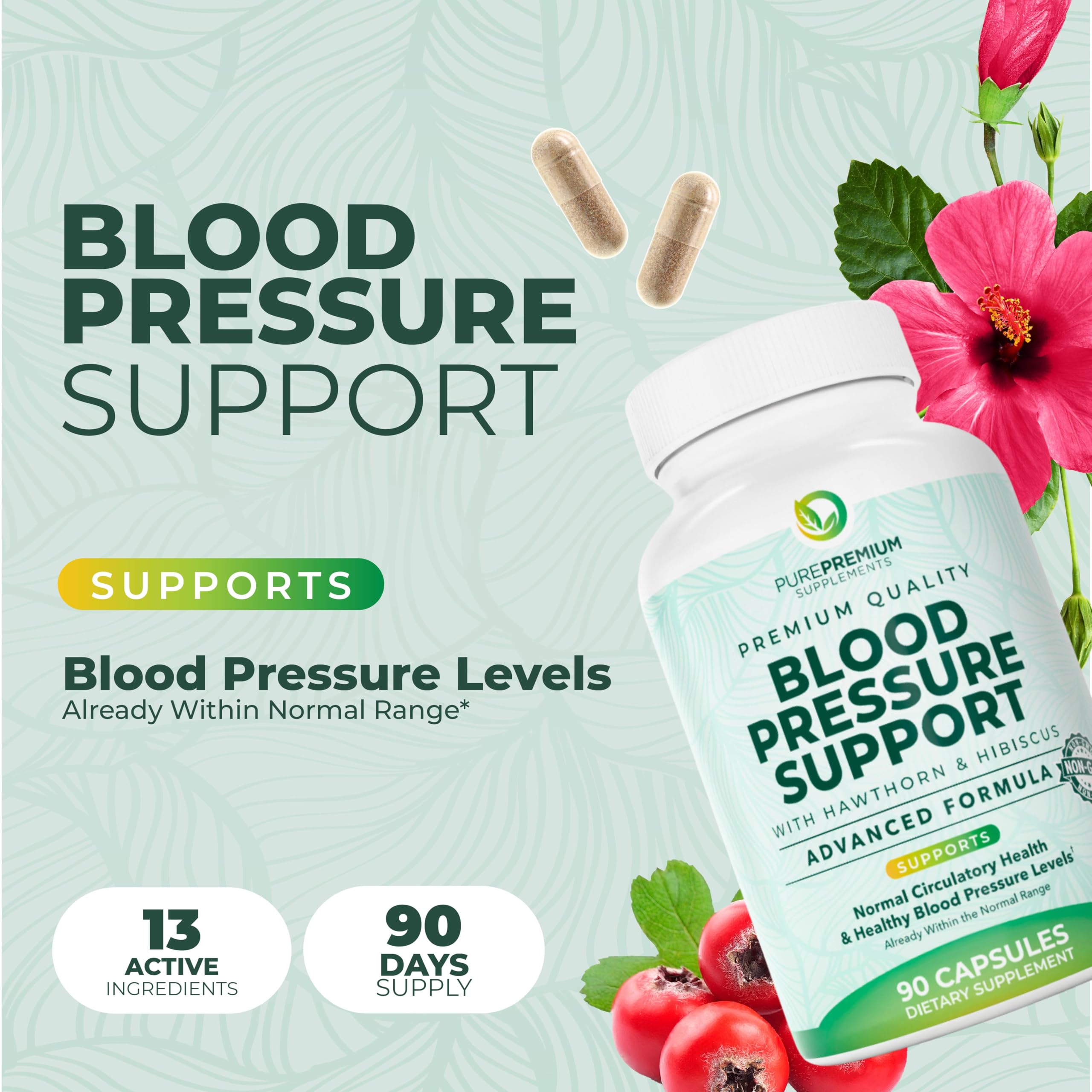 PurePremium Blood Pressure Supplements with Hawthorn Berry, Hibiscus, Garlic & Vitamin B12- Nitric Oxide Supplement for Normal Heart Health, Circulation Health & Blood Pressure Support - 90ct