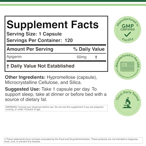Apigenin Supplement - 50mg per Capsule, 120 Count (Powerful Bioflavonoid Found in Chamomile Tea for Relaxation, Sleep, and Mood) Senolytic Flavonols for Aging (Gluten Free) by Double Wood