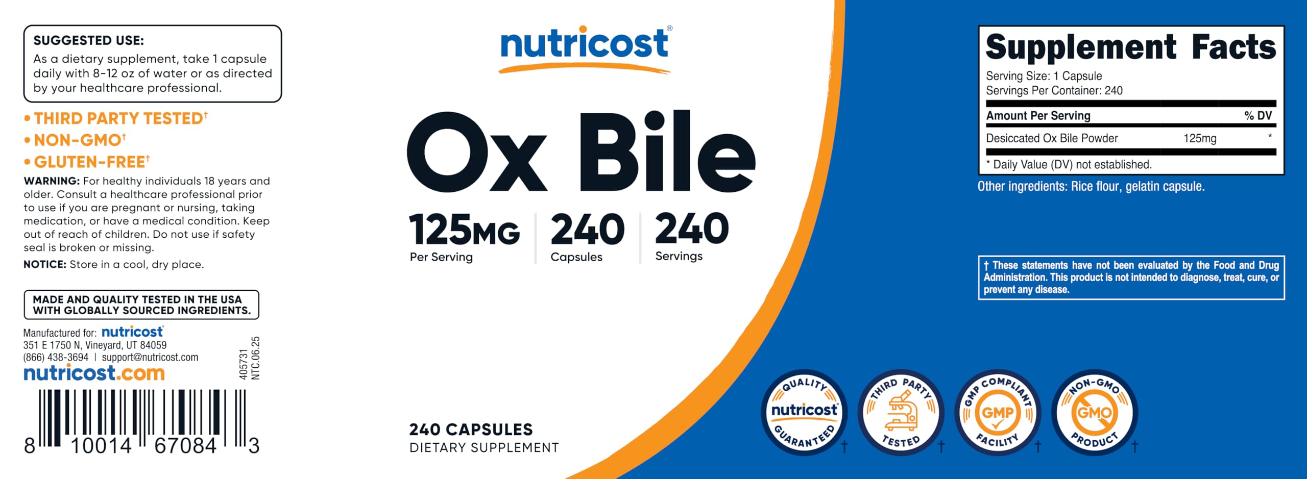 Nutricost Ox Bile Capsules 125mg, 240 Capsules - Non-GMO