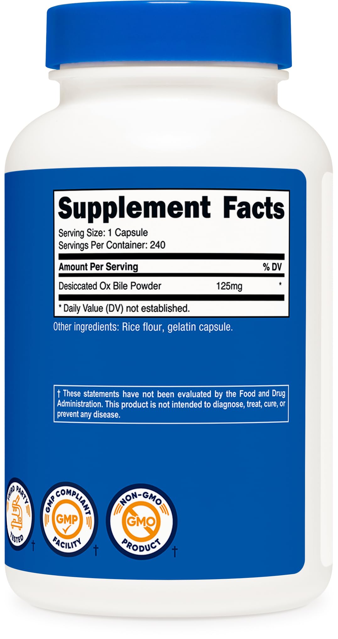 Nutricost Ox Bile Capsules 125mg, 240 Capsules - Non-GMO