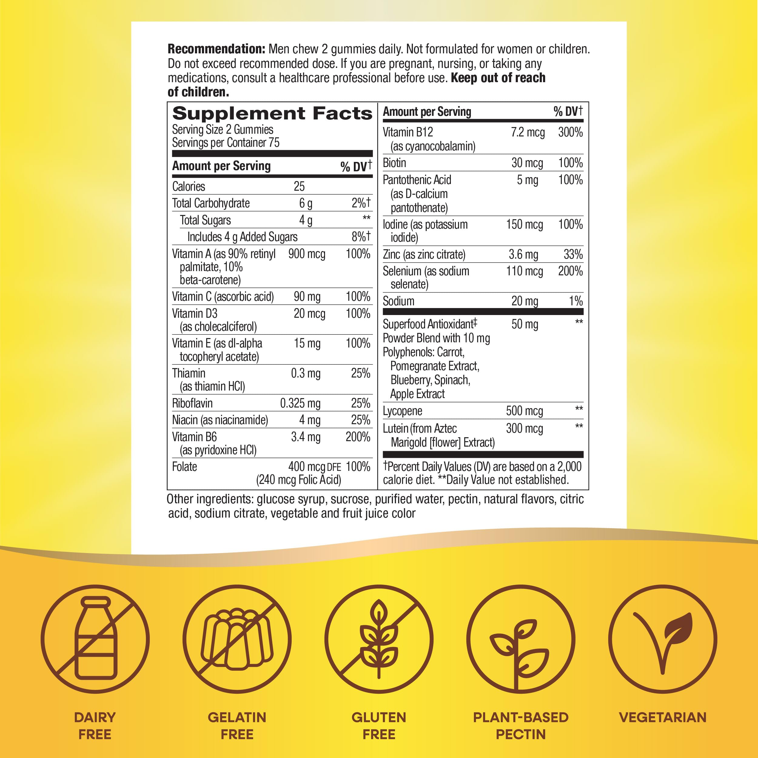 Nature's Way Alive! Men’s 50+ Daily Gummy Multivitamins, Supports Healthy Brain, Eyes, Heart*, B-Vitamins, Gluten-Free, Fruit Flavored, 150 Gummies (Packaging May Vary)