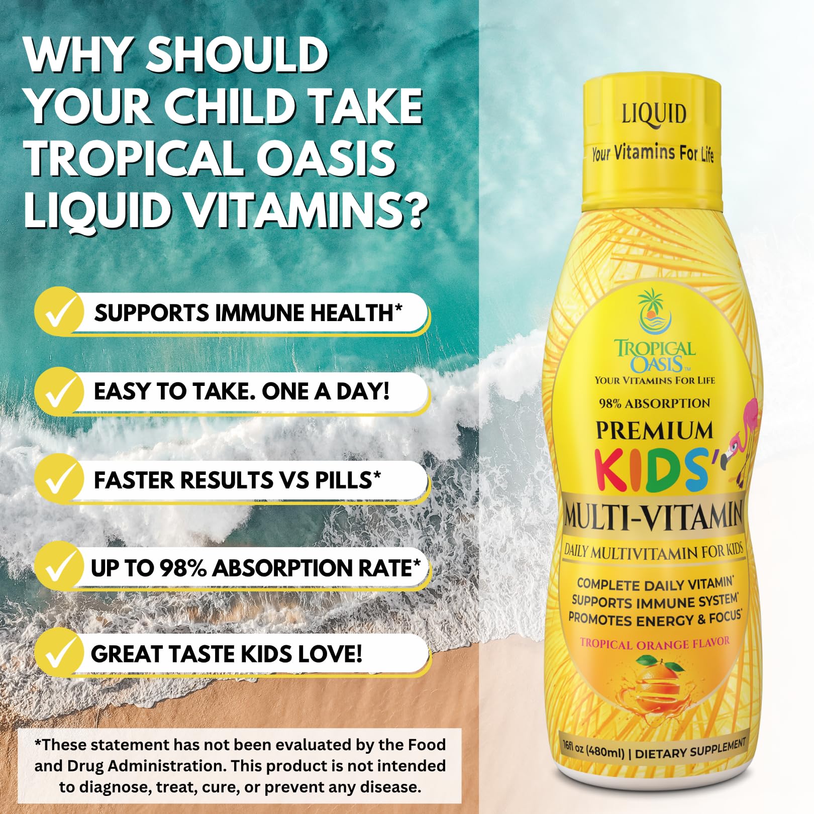 Premium Liquid Multivitamin For Kids | Sugar Free Kids Vitamins | 100% DV of 14 Vitamins for Kids | Multivitamin for Children Ages 4+ | Great Tasting, Non-GMO, Max 98% Absorption Rate- 16 oz, 32 Serv