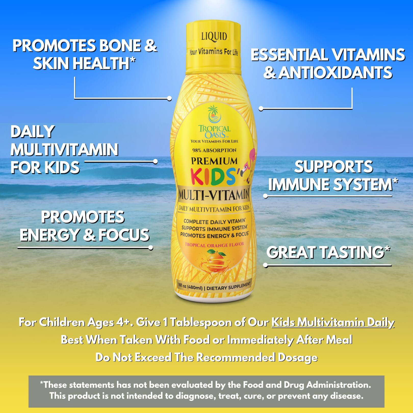 Premium Liquid Multivitamin For Kids | Sugar Free Kids Vitamins | 100% DV of 14 Vitamins for Kids | Multivitamin for Children Ages 4+ | Great Tasting, Non-GMO, Max 98% Absorption Rate- 16 oz, 32 Serv