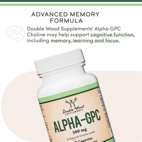 Alpha GPC Choline Brain Supplement for Acetylcholine (60 Count, 600mg Servings) Advanced Memory Formula, Focus and Brain Support, Focus Supplement (Manufactured in The USA) by Double Wood