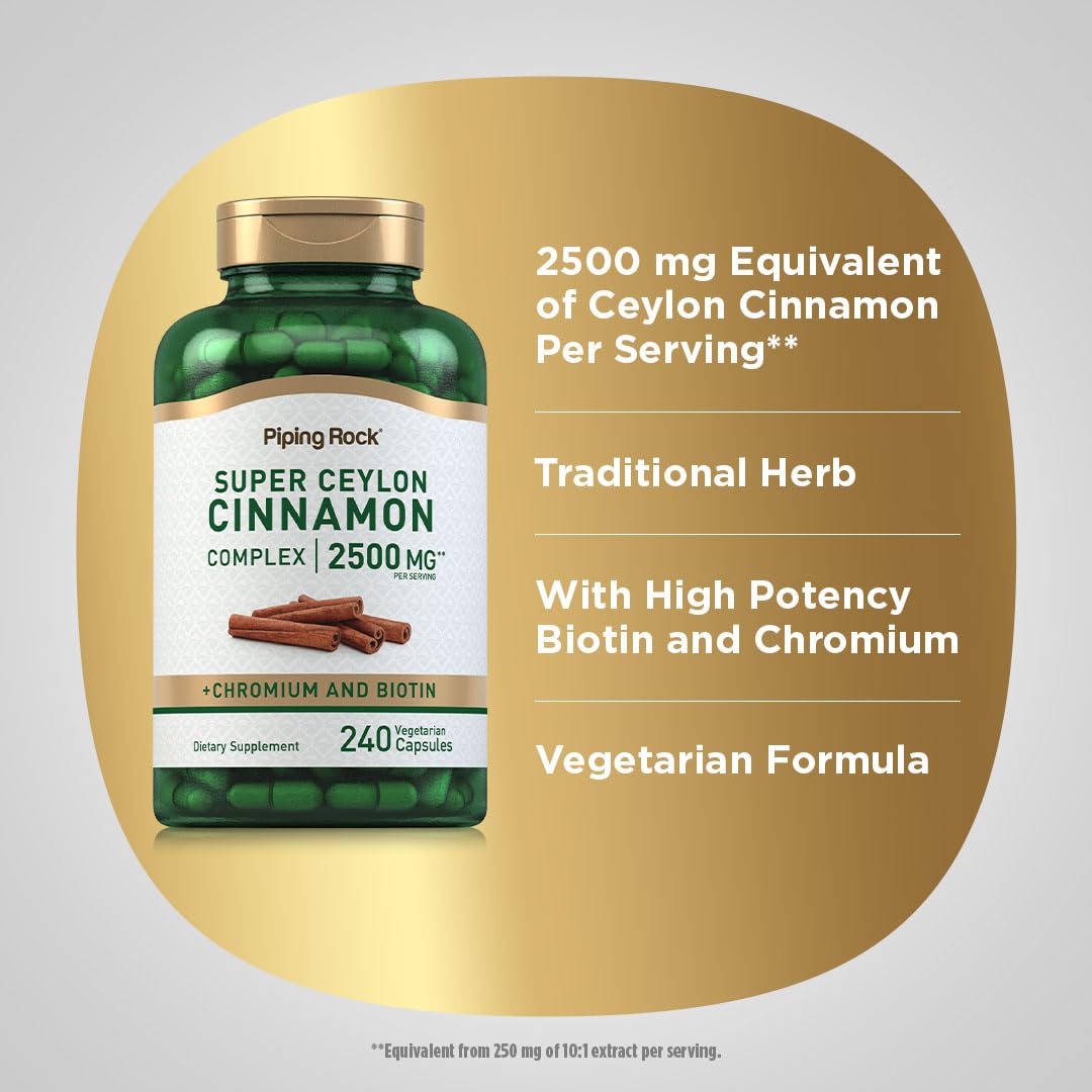Piping Rock Super Ceylon Cinnamon Complex Capsules | 240 Powder Pills | Extract Supplement with Chromium and Biotin | Vegetarian, Non-GMO, Gluten Free