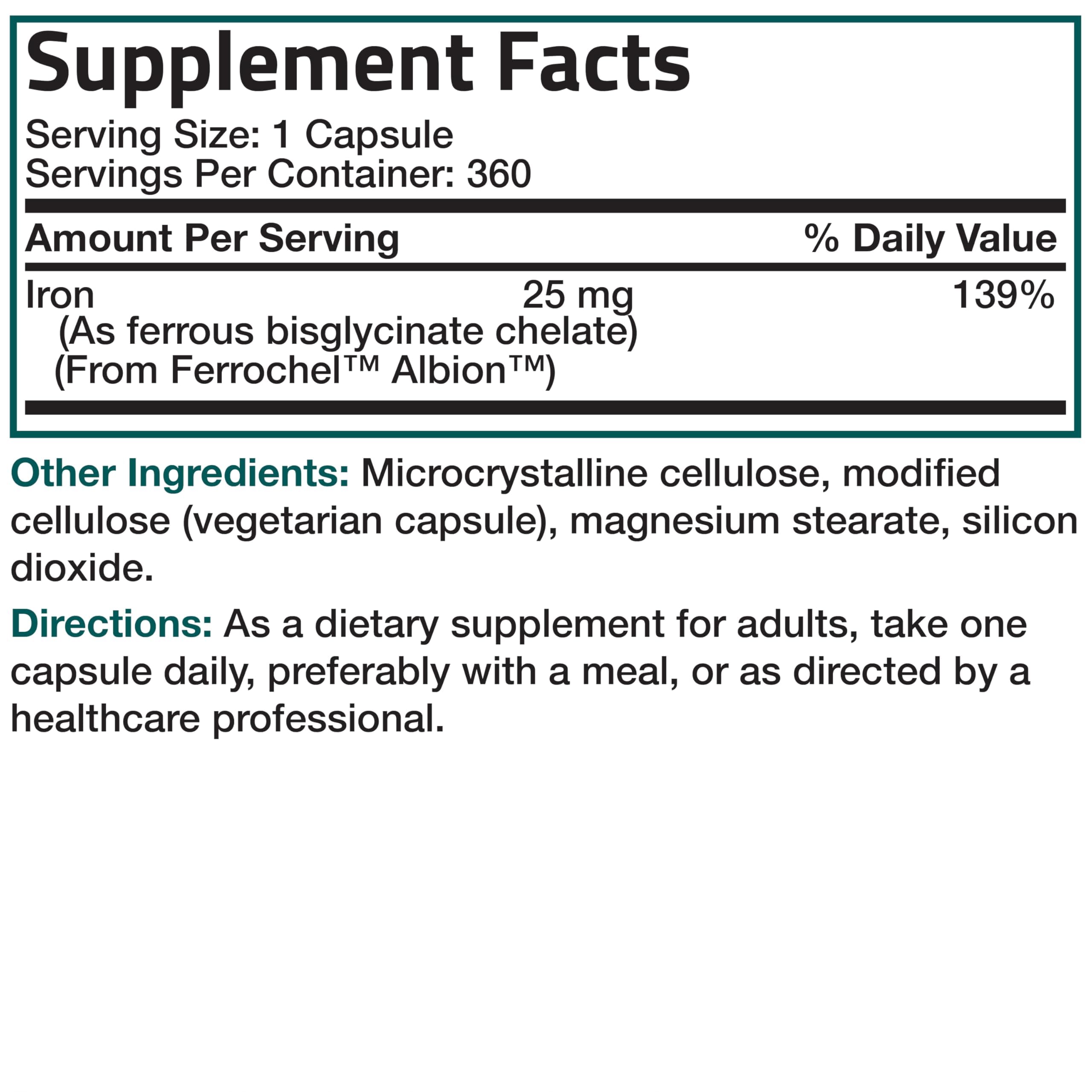Bronson Iron Bisglycinate 25 mg Gentle on The Stomach, Supports Energy & Healthy Red Blood Cell Production - Non-Constipating Formula - Non GMO, 360 Vegetarian Capsules