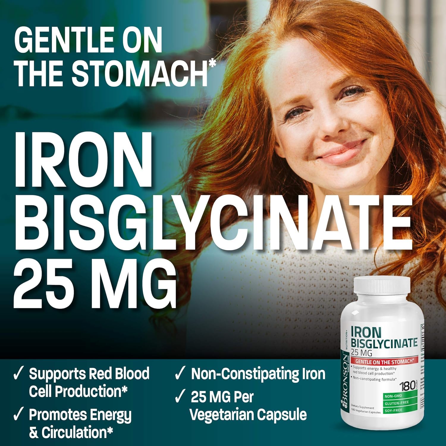 Bronson Iron Bisglycinate 25 mg Gentle on The Stomach, Supports Energy & Healthy Red Blood Cell Production - Non-Constipating Formula - Non GMO, 360 Vegetarian Capsules