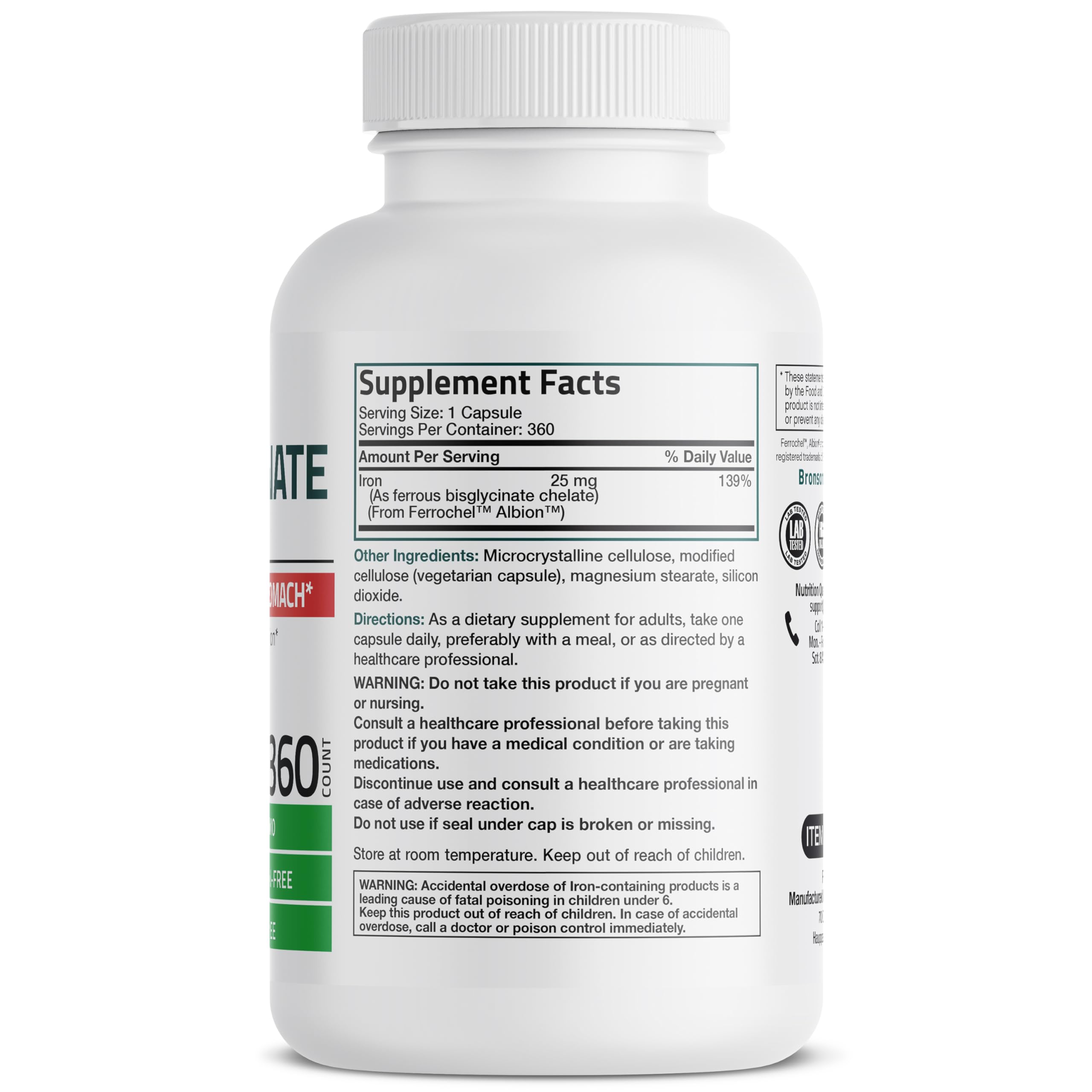 Bronson Iron Bisglycinate 25 mg Gentle on The Stomach, Supports Energy & Healthy Red Blood Cell Production - Non-Constipating Formula - Non GMO, 360 Vegetarian Capsules