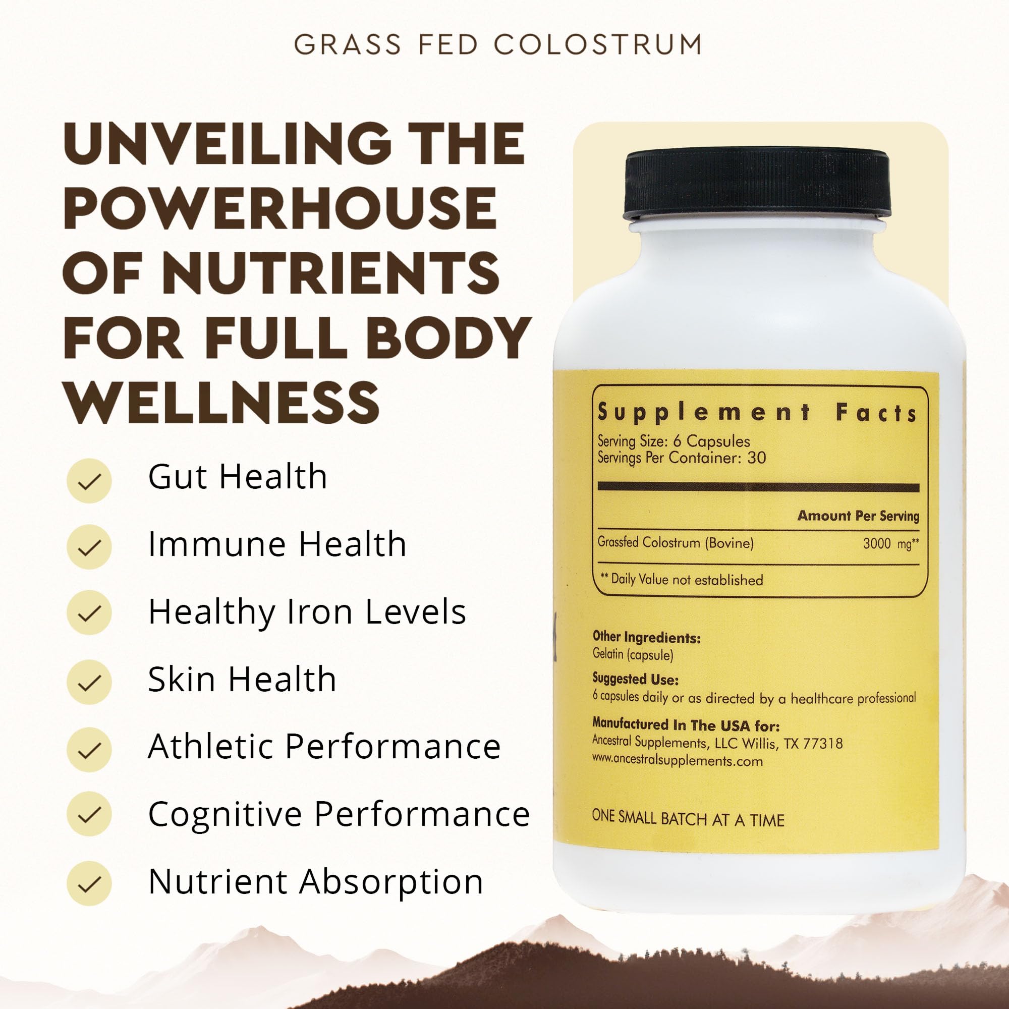 Ancestral Supplements Grass Fed Beef Colostrum Supplement, 3000 mg, Offers Immune Support and Promotes Gut Health, Athletic Performance, Healthy Iron Levels, Growth and Repair, Non GMO, 180 Capsules