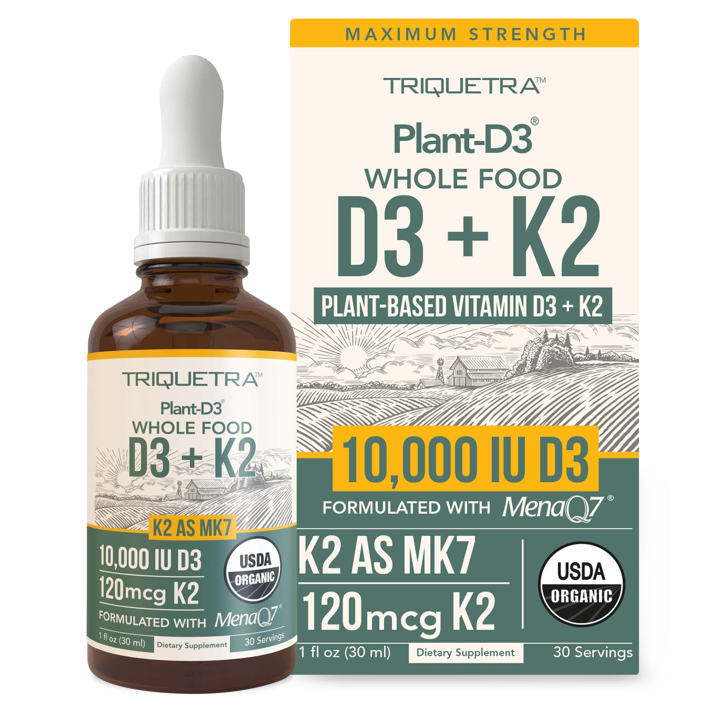 Organic Plant D3 K2 vitamin 10000 iu - All-Trans MK7 from MenaQ7 (120 mcg K2) - 100% Organic & Plant-Based Sublingual D3 Drops 10,000 iu (Cholecalciferol), 100% Vegan - Supports Immunity, Bone, Brain