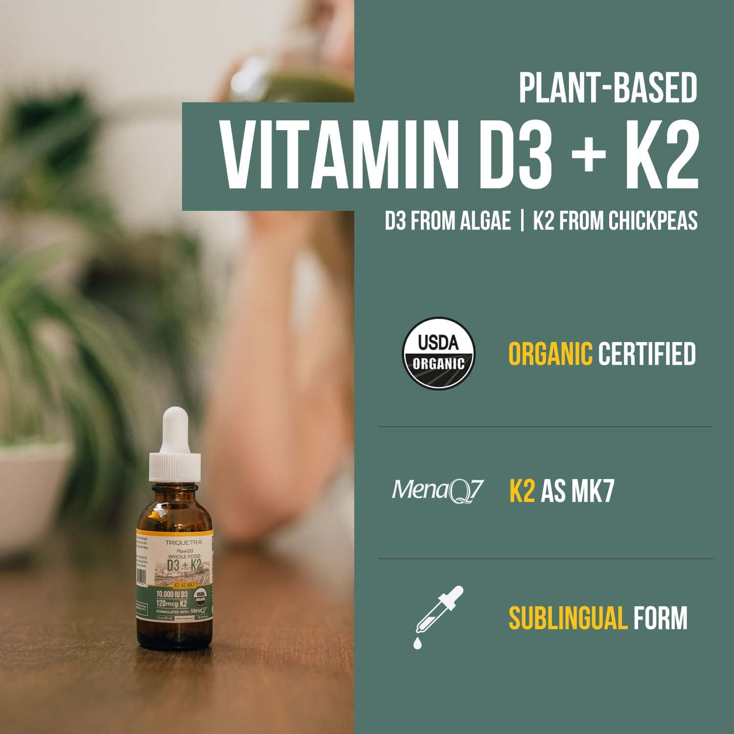 Organic Plant D3 K2 vitamin 10000 iu - All-Trans MK7 from MenaQ7 (120 mcg K2) - 100% Organic & Plant-Based Sublingual D3 Drops 10,000 iu (Cholecalciferol), 100% Vegan - Supports Immunity, Bone, Brain