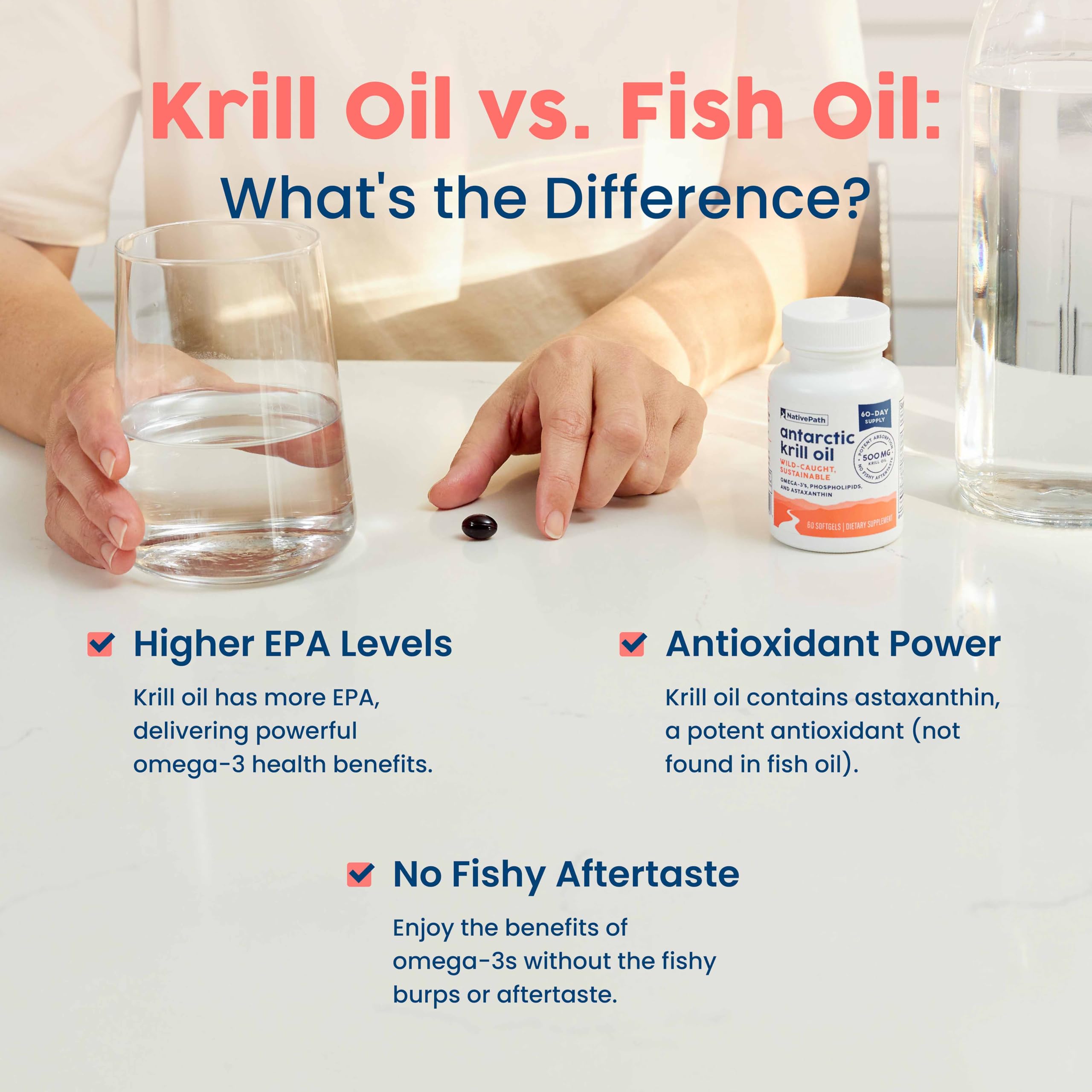 NativePath Antarctic Krill Oil - Wild-Caught Omega 3 Krill Oil 500mg Softgels with EPA, DHA and Astaxanthin - Supplement for Joint, Heart, Brain and Immunity - 60 ct - No Fishy Aftertaste