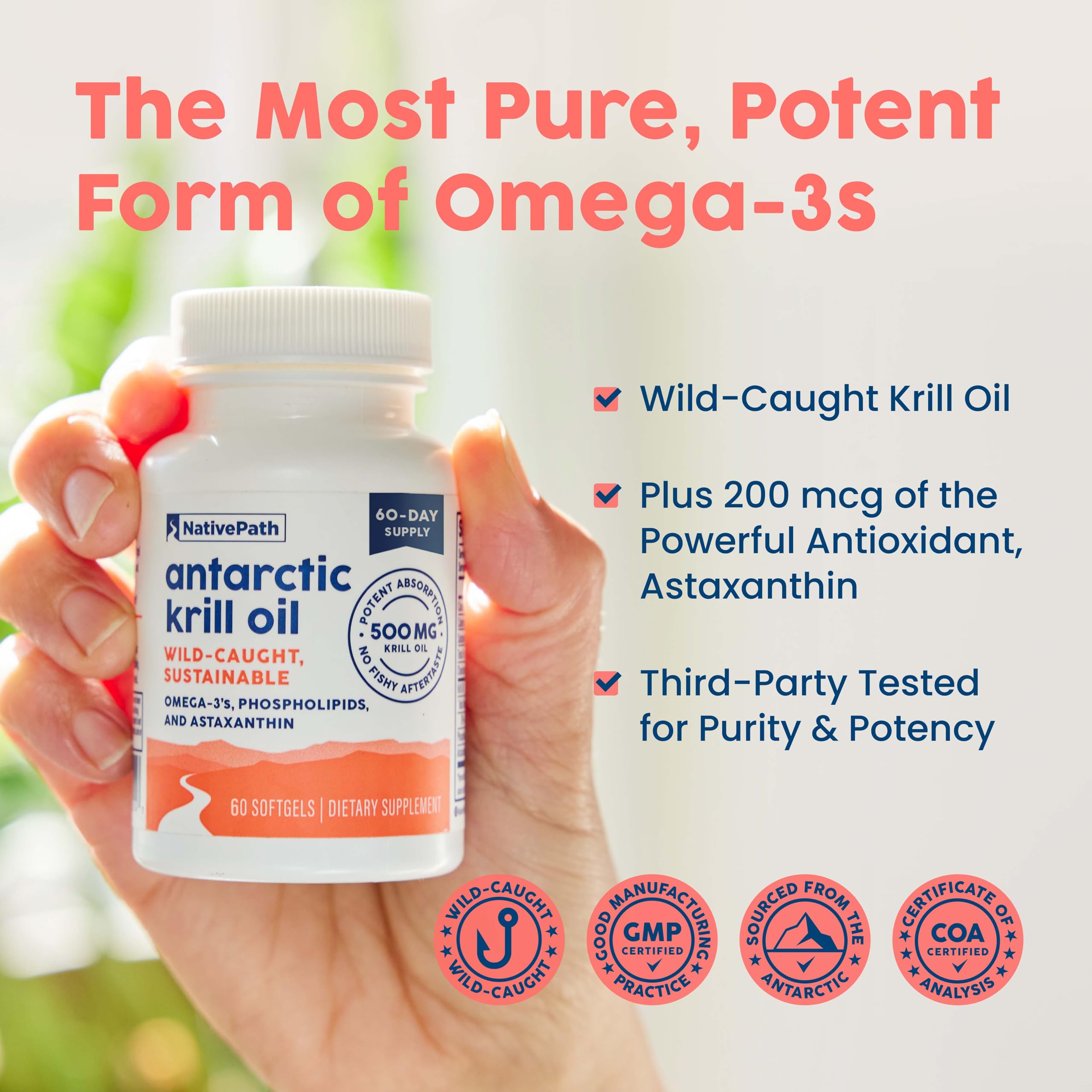 NativePath Antarctic Krill Oil - Wild-Caught Omega 3 Krill Oil 500mg Softgels with EPA, DHA and Astaxanthin - Supplement for Joint, Heart, Brain and Immunity - 60 ct - No Fishy Aftertaste