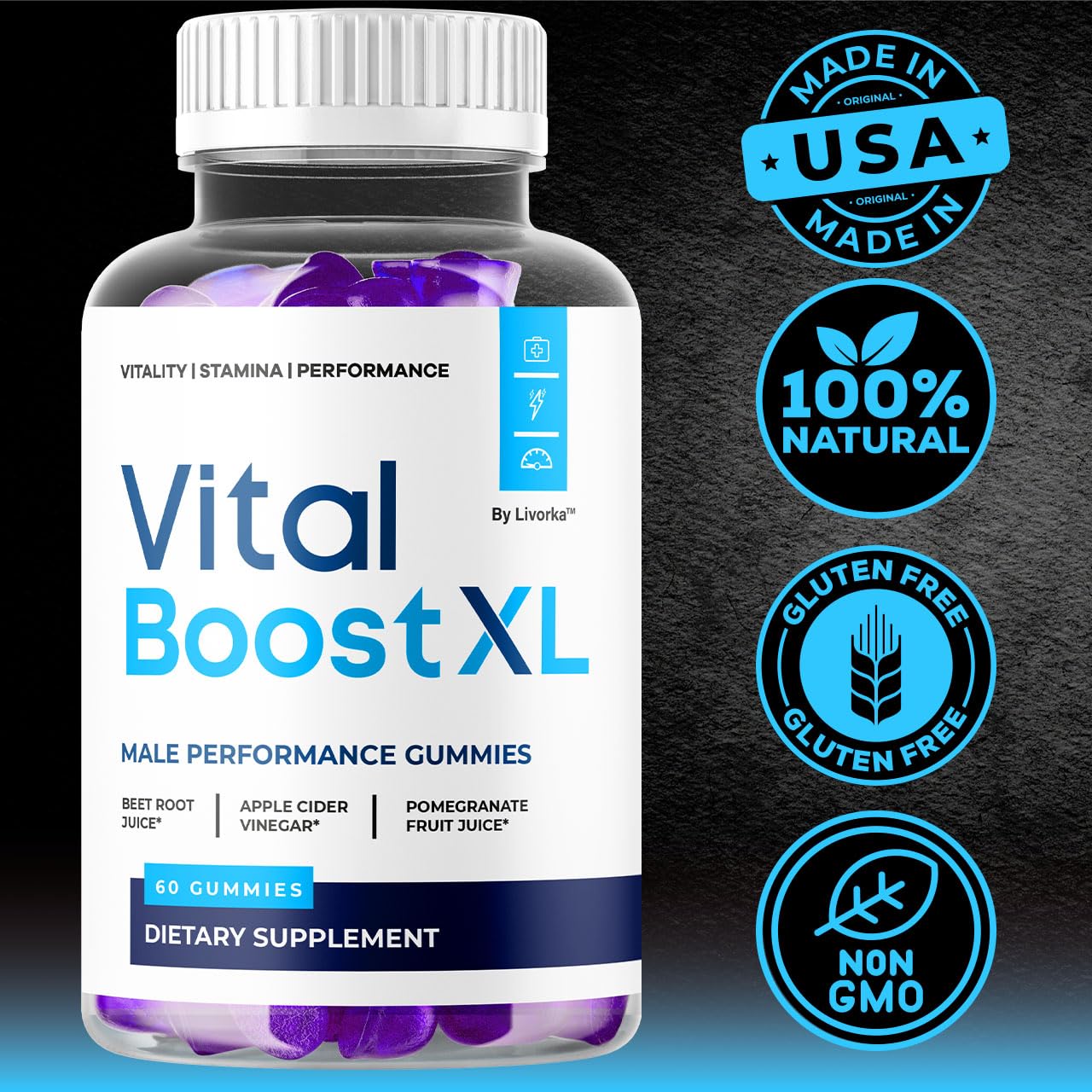 LIVORKA Vital Boost XL Gummies - Official VitalBoost XL Gummys for Men Premium Natural Ingredients - Maximum Strength, Advanced Formula Support for Overall Health & Wellness, 60 Gummies for 1 Month