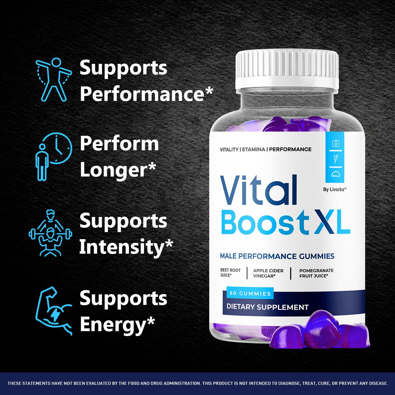 LIVORKA Vital Boost XL Gummies - Official VitalBoost XL Gummys for Men Premium Natural Ingredients - Maximum Strength, Advanced Formula Support for Overall Health & Wellness, 60 Gummies for 1 Month
