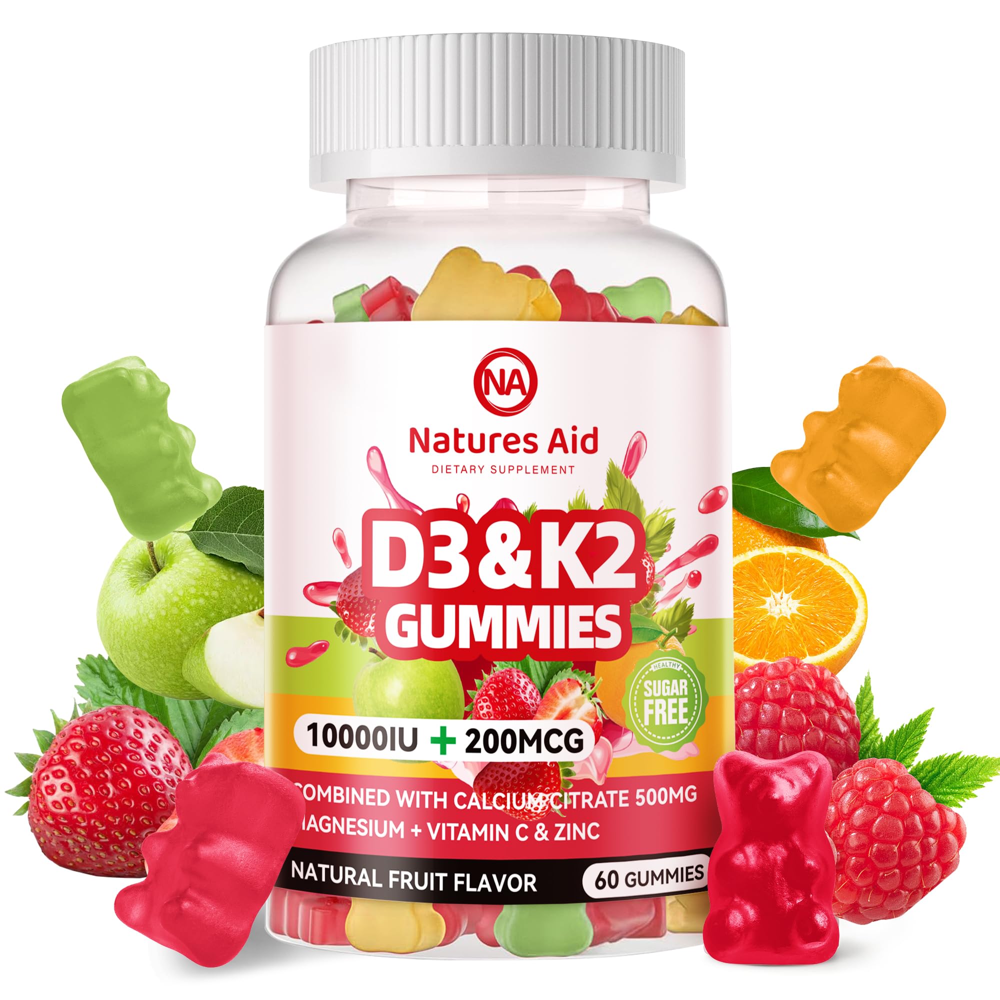 Natures Aid Sugar-Free Vitamin D3 K2 Gummies with Calcium + K2 (MK-7), Magnesium Citrate, Vitamin C, Extra Strength - Ultimate Absorption for Bone Muscle Teeth Immune, Vegan - 60 Gummies