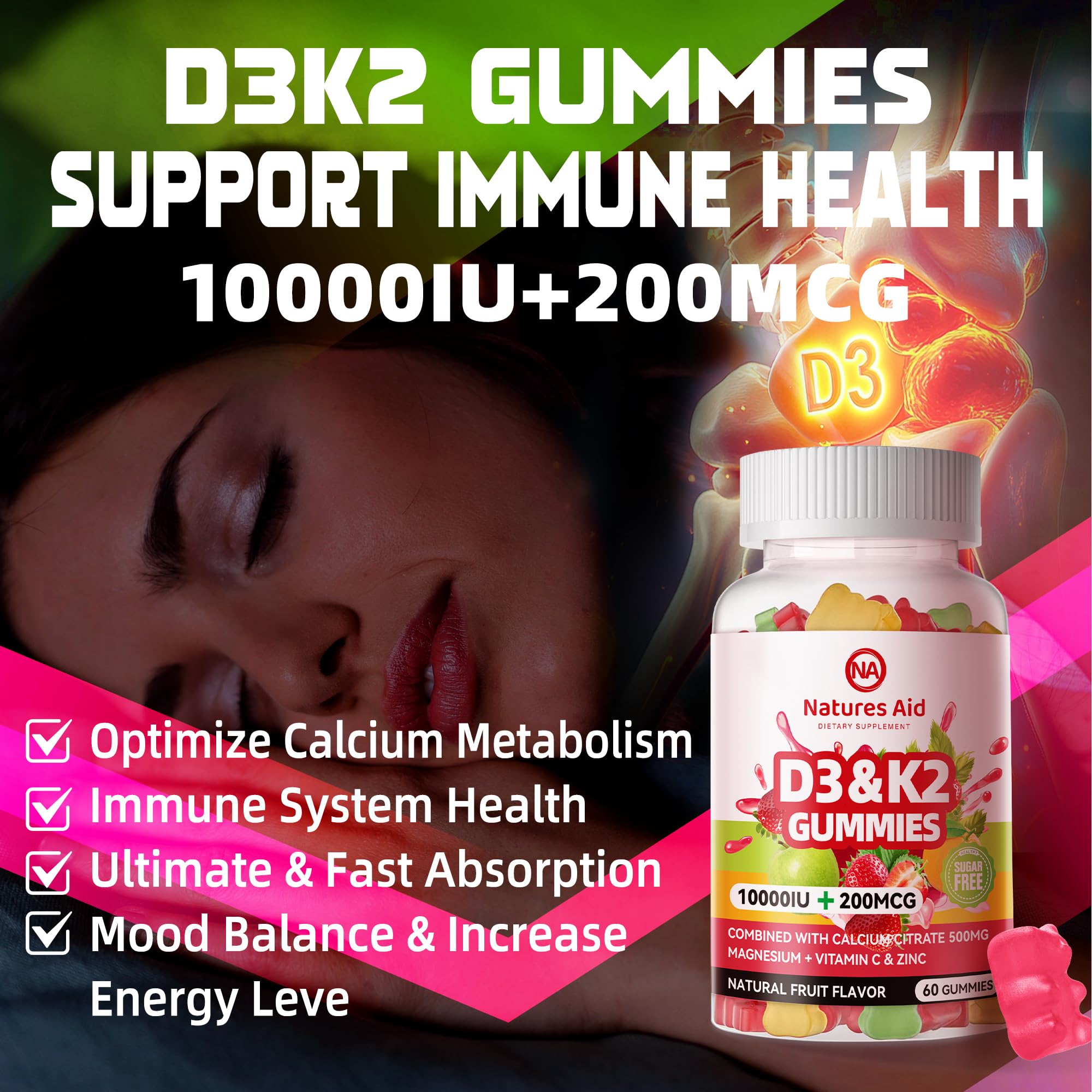 Natures Aid Sugar-Free Vitamin D3 K2 Gummies with Calcium + K2 (MK-7), Magnesium Citrate, Vitamin C, Extra Strength - Ultimate Absorption for Bone Muscle Teeth Immune, Vegan - 60 Gummies