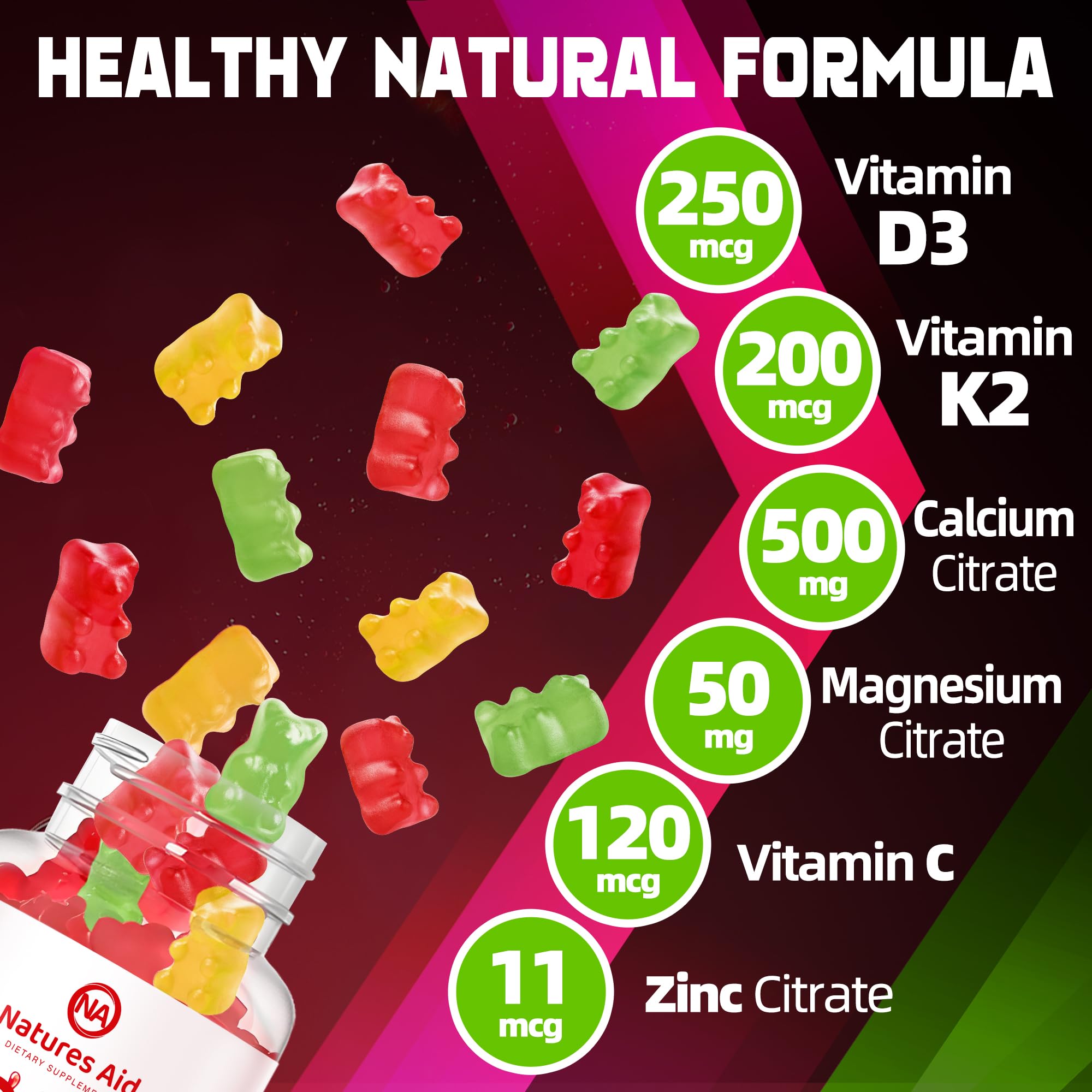 Natures Aid Sugar-Free Vitamin D3 K2 Gummies with Calcium + K2 (MK-7), Magnesium Citrate, Vitamin C, Extra Strength - Ultimate Absorption for Bone Muscle Teeth Immune, Vegan - 60 Gummies