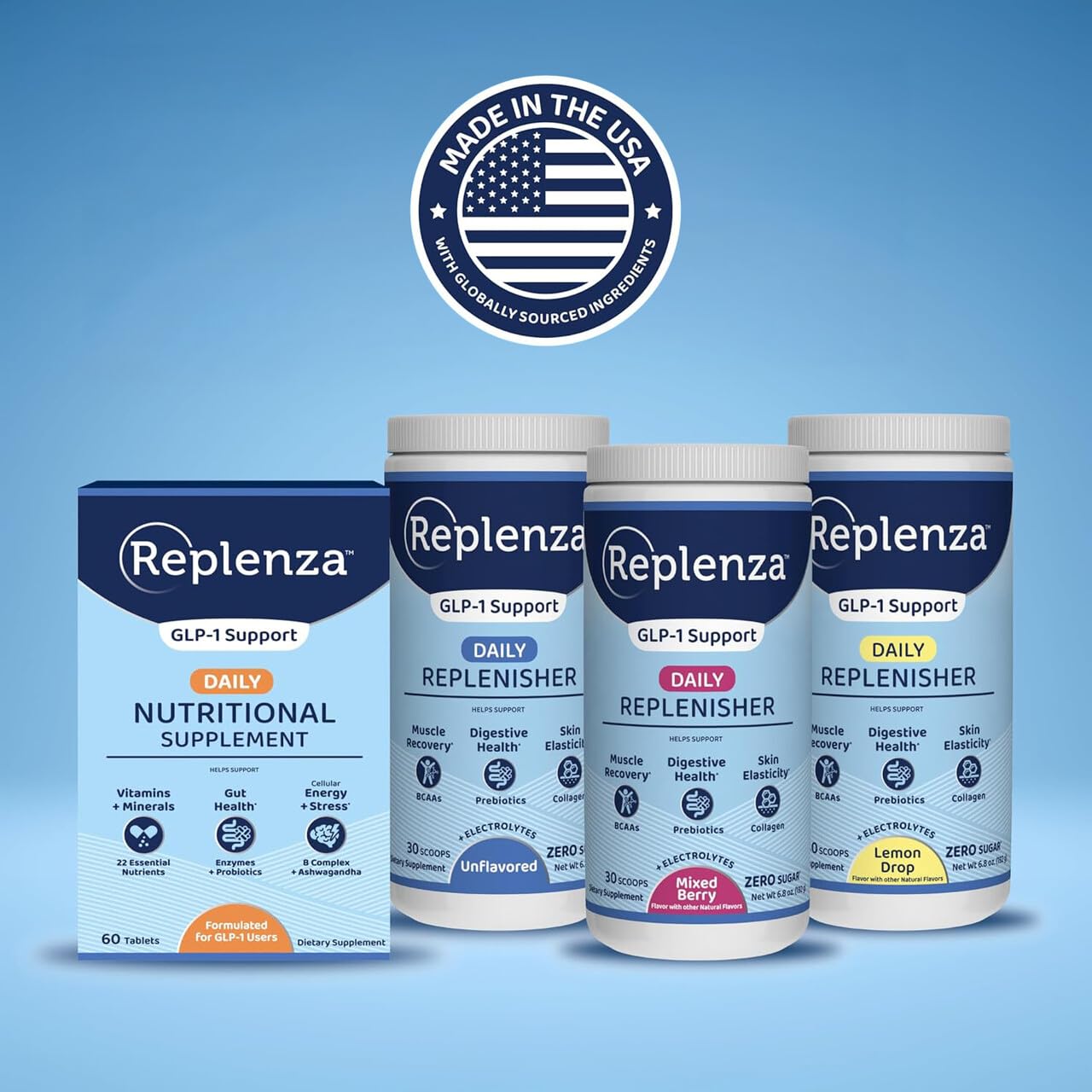 Replenza Daily Replenisher GLP-1 Nutritional Support, Powder, Muscle Recovery, Digestive Health & Skin Elasticity Mix of Amino Acids, Prebiotics and Collagen Peptides – Lemon Flavored, 3 Pack