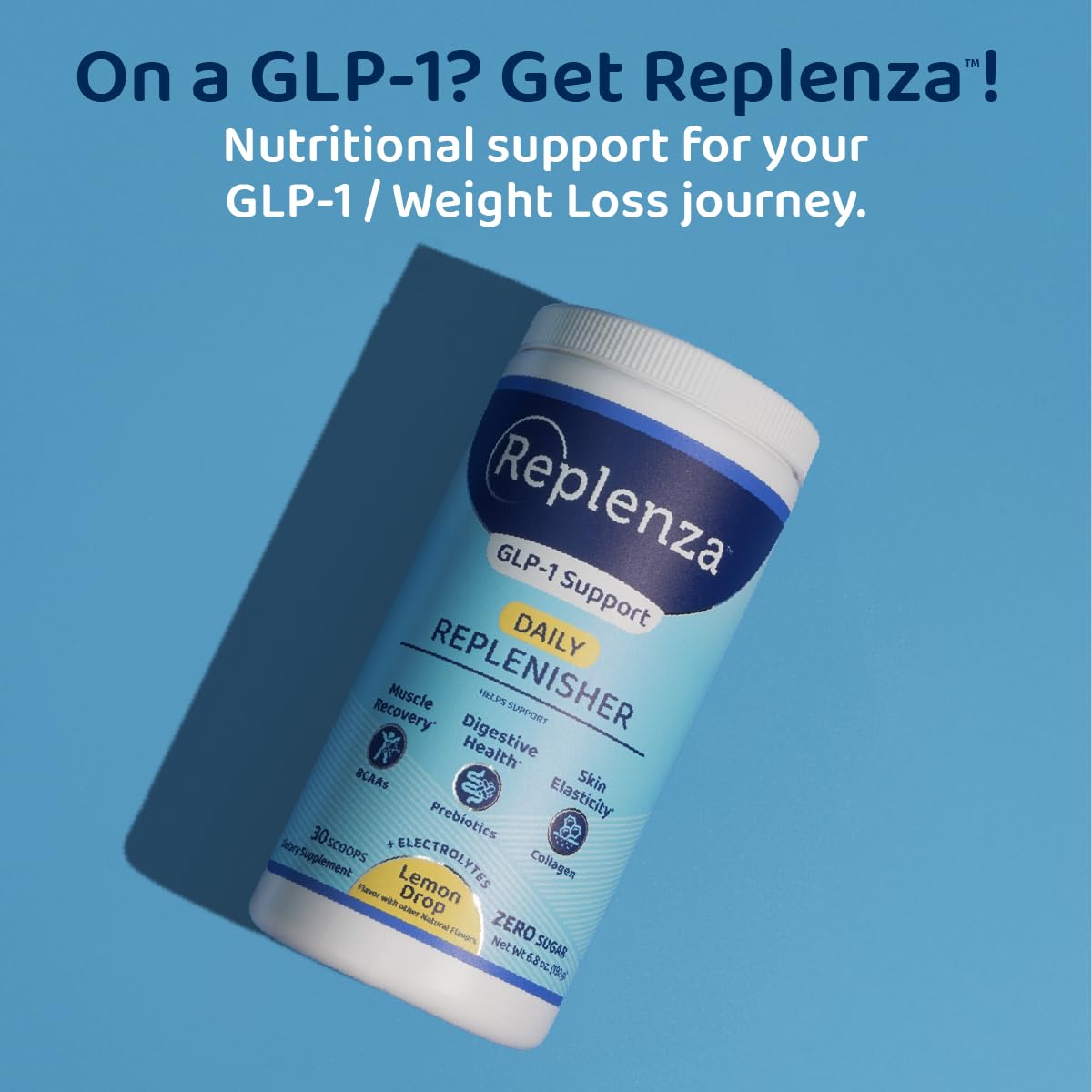 Replenza Daily Replenisher GLP-1 Nutritional Support, Powder, Muscle Recovery, Digestive Health & Skin Elasticity Mix of Amino Acids, Prebiotics and Collagen Peptides – Lemon Flavored, 3 Pack