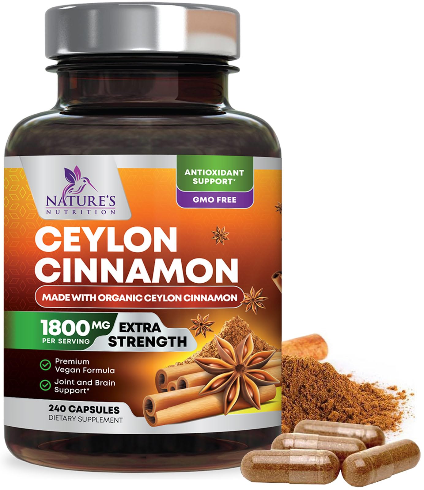 Organic Ceylon Cinnamon Supplement 1800mg - Extra Strength Certified Organic Ceylon Cinnamon Powder Pills - Energy & Heart Support Antioxidant for Women & Men, Bottled in USA, Non-GMO - 240 Capsules