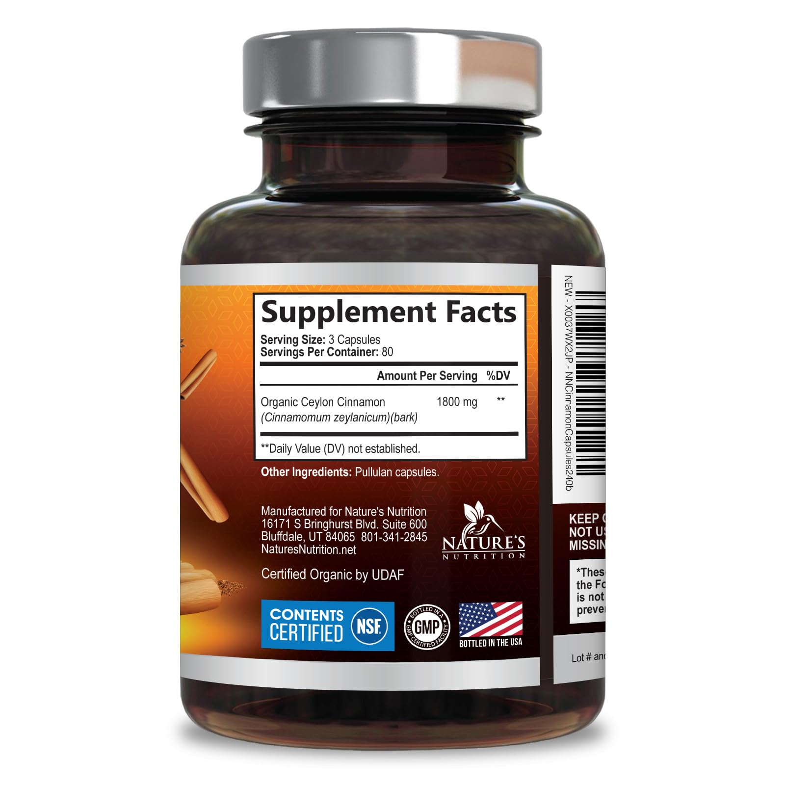 Organic Ceylon Cinnamon Supplement 1800mg - Extra Strength Certified Organic Ceylon Cinnamon Powder Pills - Energy & Heart Support Antioxidant for Women & Men, Bottled in USA, Non-GMO - 240 Capsules