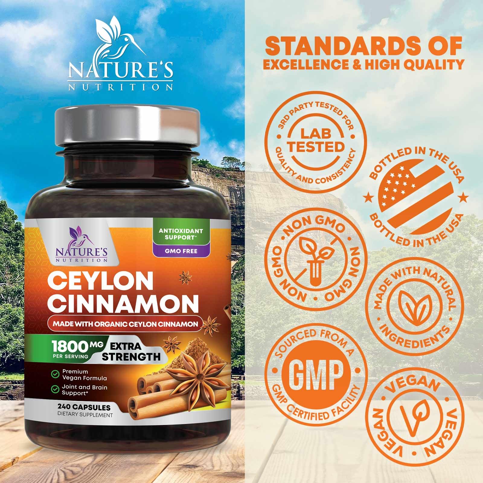 Organic Ceylon Cinnamon Supplement 1800mg - Extra Strength Certified Organic Ceylon Cinnamon Powder Pills - Energy & Heart Support Antioxidant for Women & Men, Bottled in USA, Non-GMO - 240 Capsules