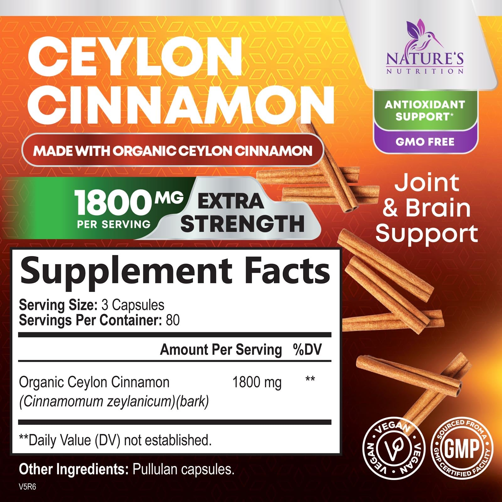 Organic Ceylon Cinnamon Supplement 1800mg - Extra Strength Certified Organic Ceylon Cinnamon Powder Pills - Energy & Heart Support Antioxidant for Women & Men, Bottled in USA, Non-GMO - 240 Capsules