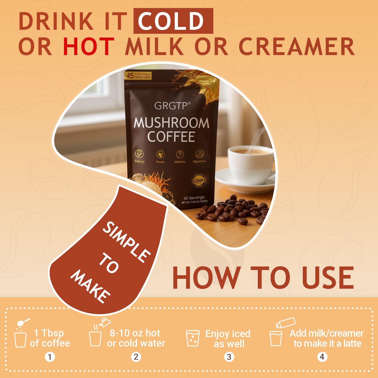 GRGTP Mushroom Coffee - Superfood Blend with 6 Adaptogens (Cordyceps, Lion's Mane, Reishi Other) | Jitter-Free Energy, Enhanced Focus, Digestion & Immunity Support | 45 Servings, Vegan, Gluten Free, Non-GMO | Smooth Flavor