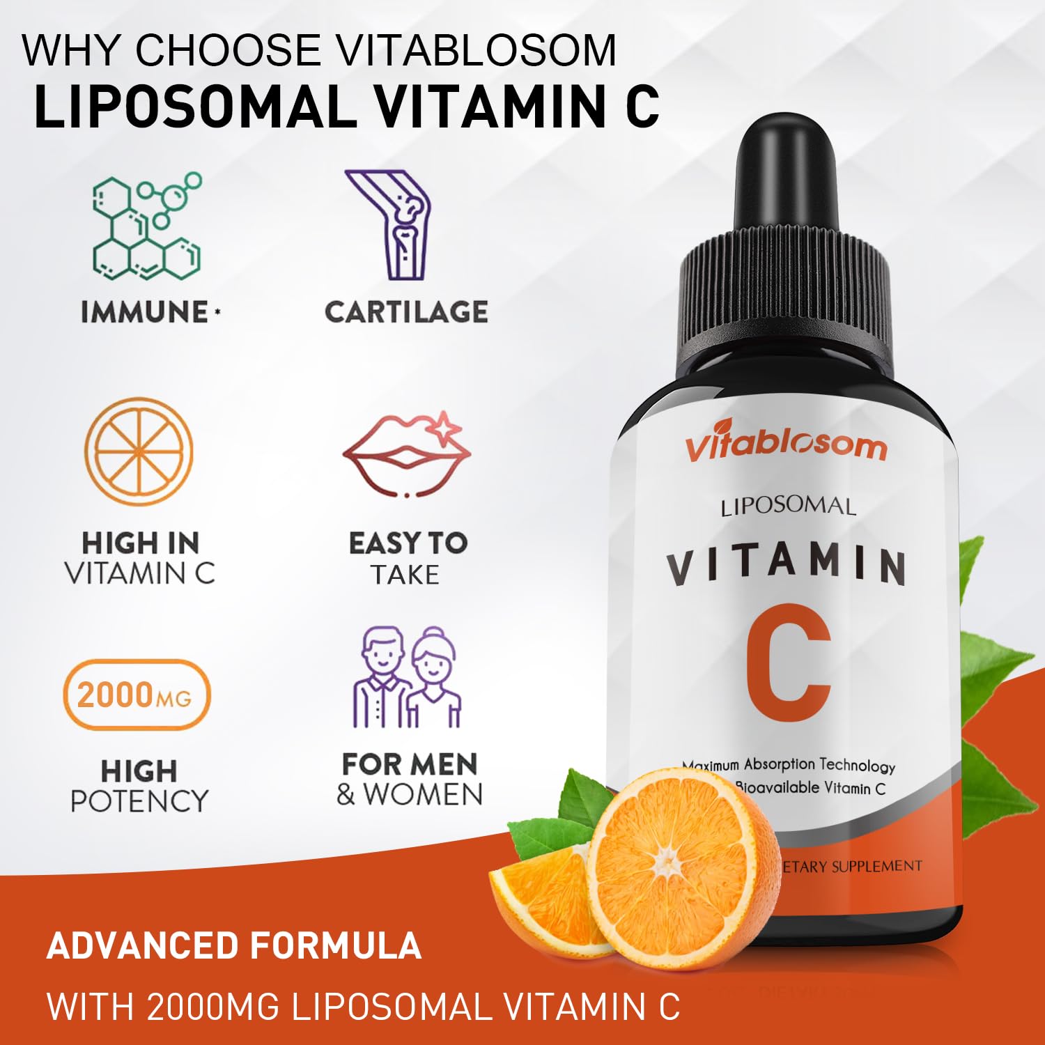 Vitablosom Liposomal Vitamin C 2000mg Liquid for Adults, High Absorption VIT C, Maximize Vitamin C, Immune System & Antioxidant Support, 60ML (2 Bottle)
