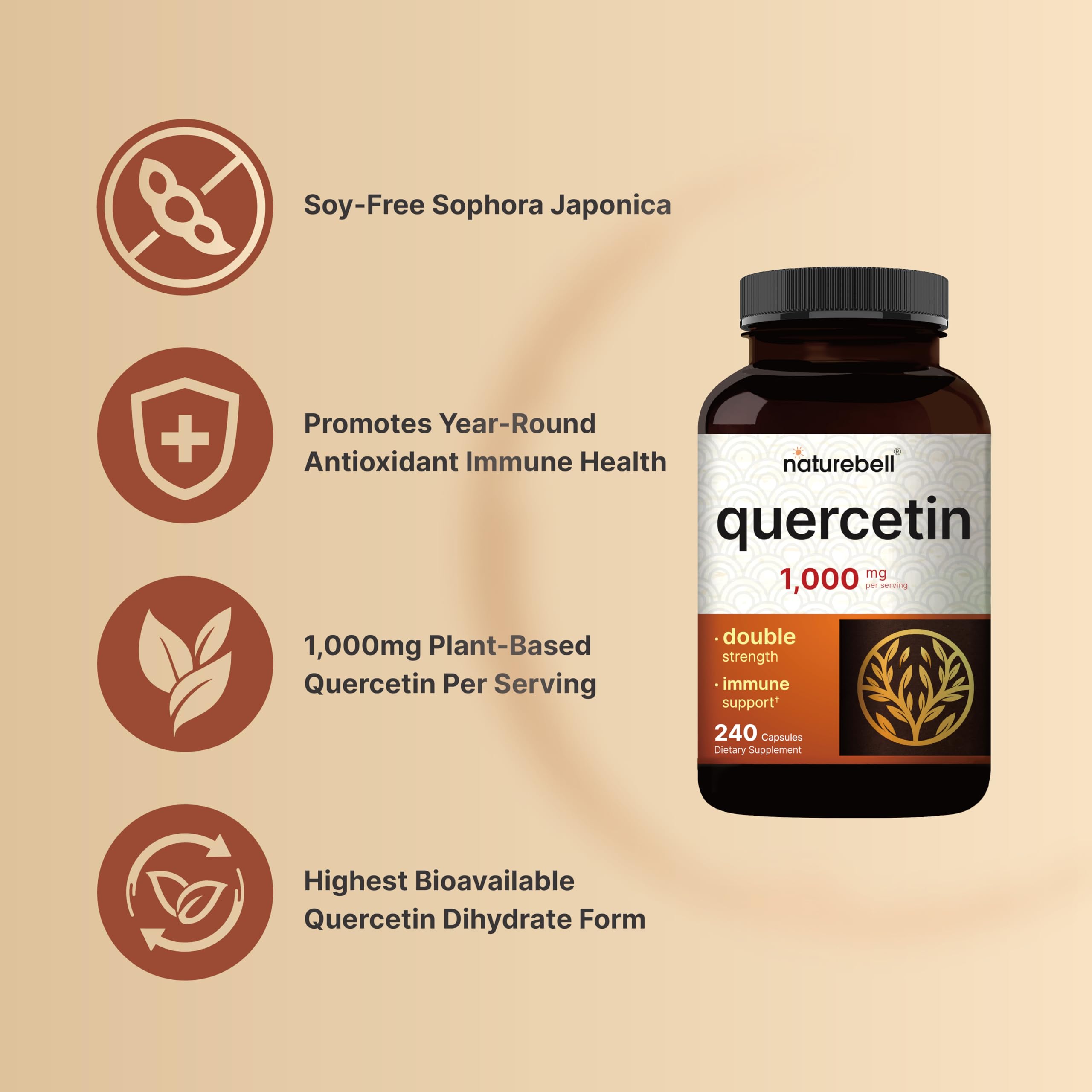 NatureBell Quercetin 1,000mg - 240 Capsules - Ultra Strength Supplement for Healthy Immune Support* - Quercetin Dihydrate from Sophora Japonica - Bioavailable Form