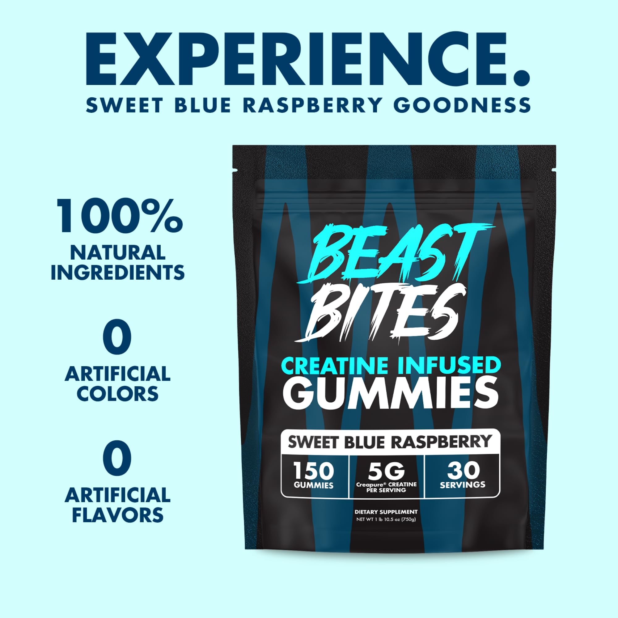 BEAST BITES - Creatine Infused Gummies - 5g Creapure Creatine Monohydrate Per Serving - NSF Certified for Sport - 30 Servings (Blue Raspberry)