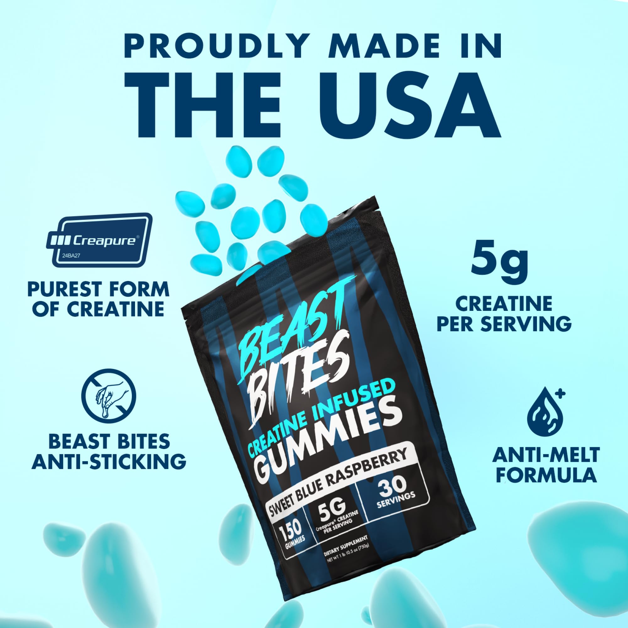 BEAST BITES - Creatine Infused Gummies - 5g Creapure Creatine Monohydrate Per Serving - NSF Certified for Sport - 30 Servings (Blue Raspberry)