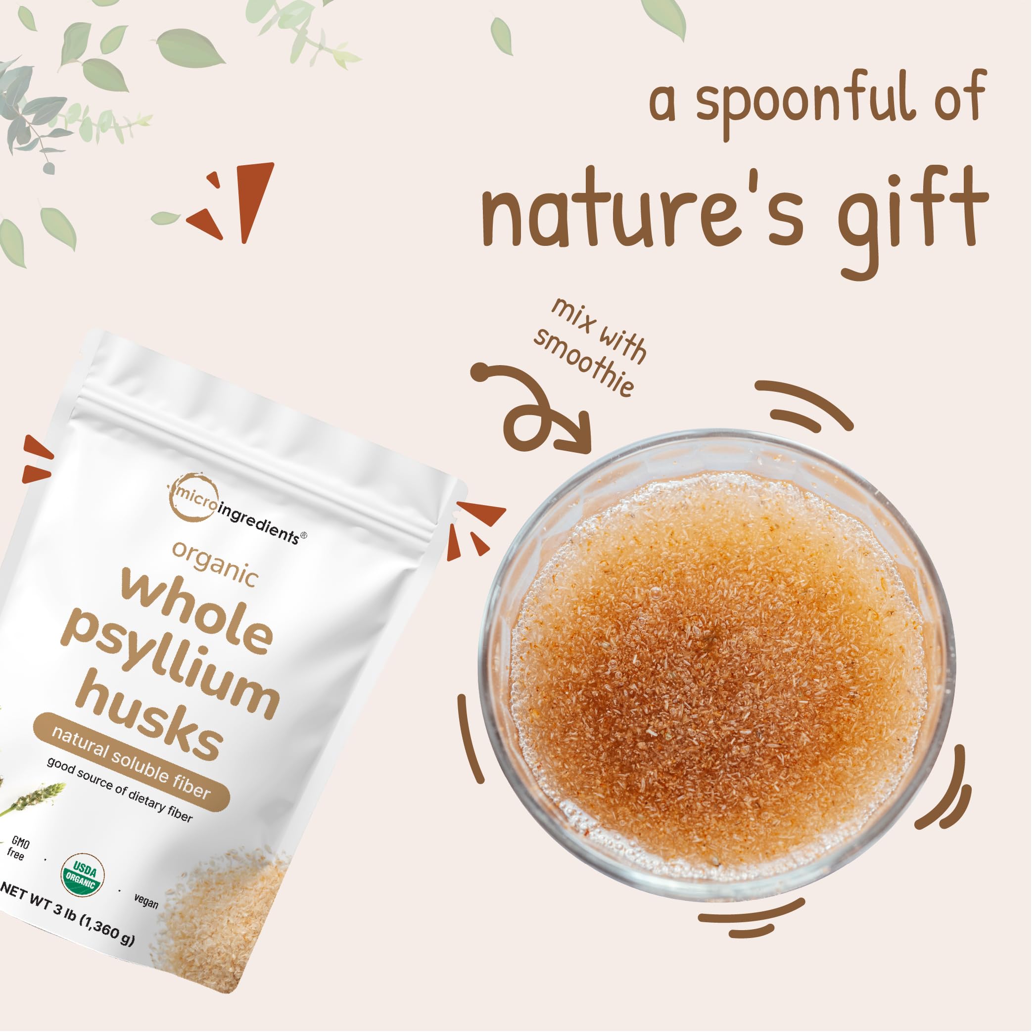 Micro Ingredients Organic Whole Psyllium Husks, 3lbs | Daily Soluble Fiber Supplement with Prebiotics | Psyllium Husk Sourced from India | Non-GMO, Keto Friendly, Vegan