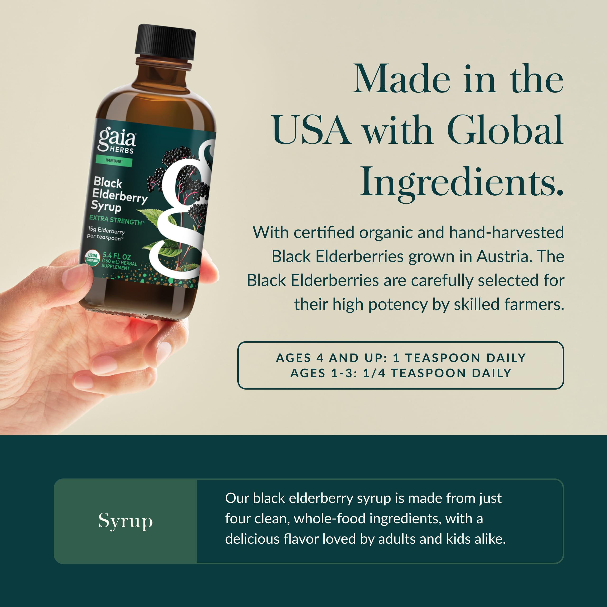 Gaia Herbs Black Elderberry Syrup - Made with Organic Black Elderberries (Sambucus nigra) for Immune System Support* - USDA Certified Organic Formula - 5.4 Fl Oz (About 32 to 128 Servings)