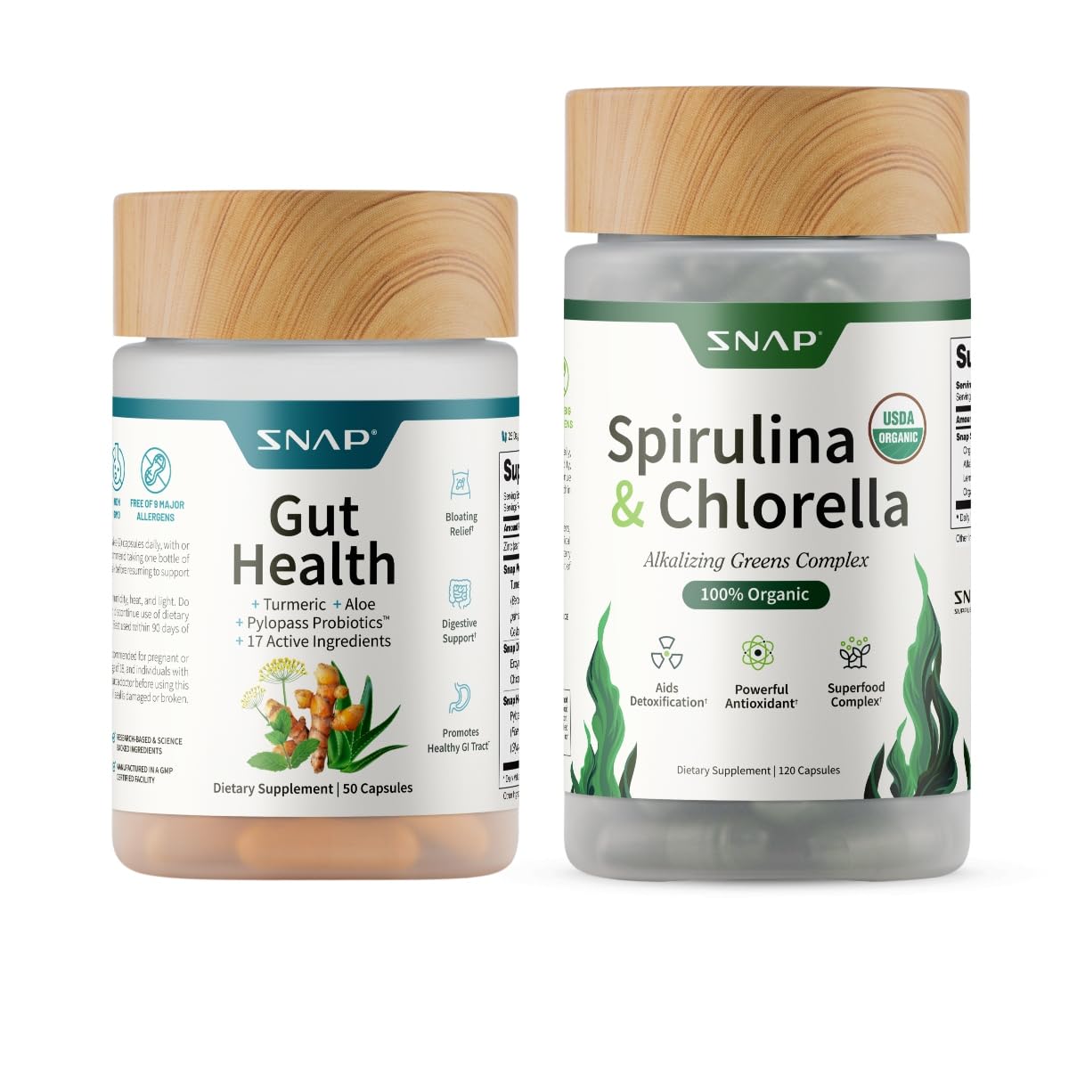 Snap Supplements Gut Health Lipase Supplement & Organic Spirulina Chlorella Bundle–Probiotic + Greens–Supports Digestion, Detox, Energy & Immune Health, 50 + 120 Vegetarian Capsules (1 Month Supply)