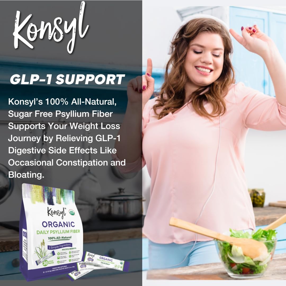 Konsyl Organic Daily Psyllium Fiber Stick Packs - On-The-Go Fiber Supplement Powder - Convenient, All-Natural Soluble Fiber, Gluten-Free & Sugar-Free, Vegan & Keto - 30 Packets