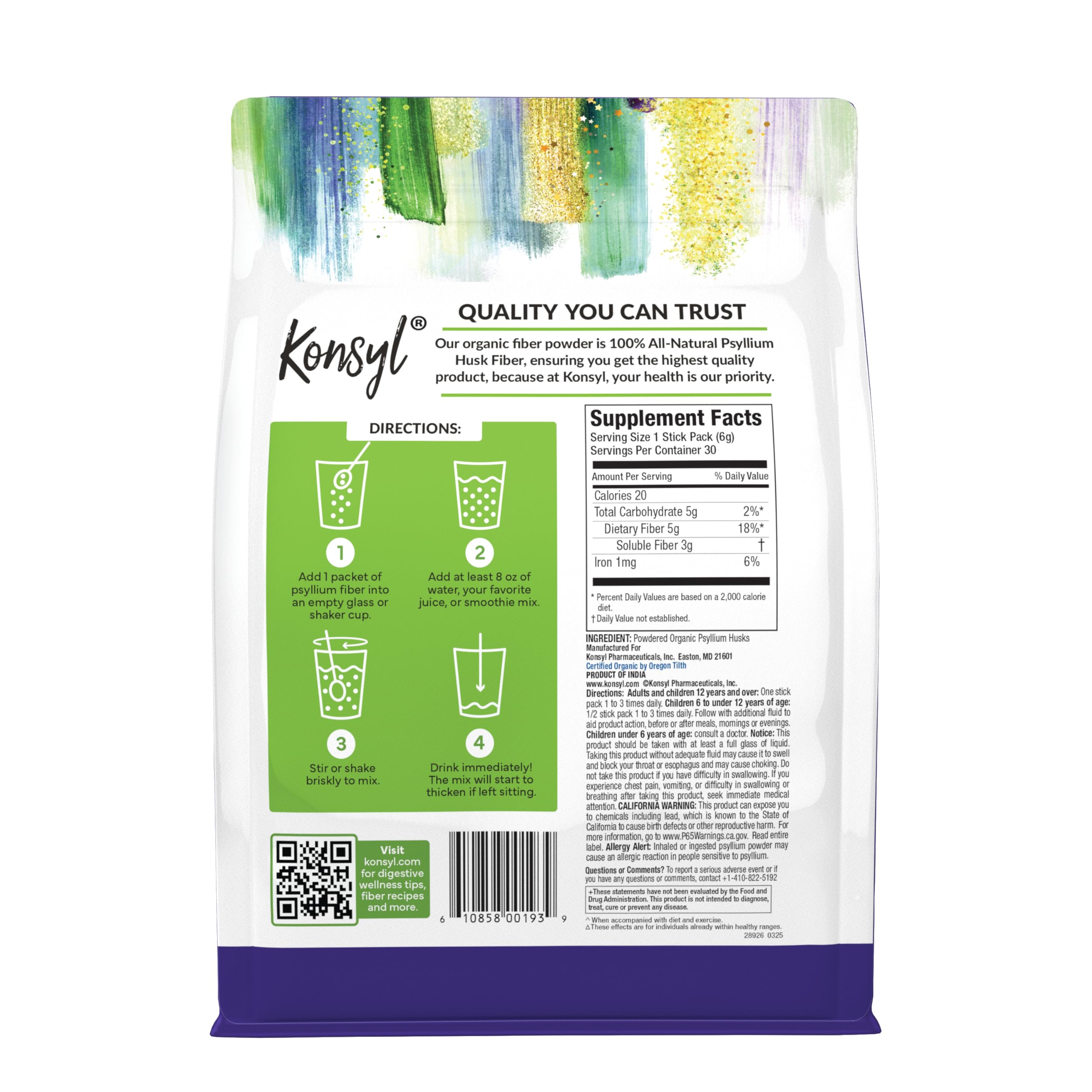 Konsyl Organic Daily Psyllium Fiber Stick Packs - On-The-Go Fiber Supplement Powder - Convenient, All-Natural Soluble Fiber, Gluten-Free & Sugar-Free, Vegan & Keto - 30 Packets