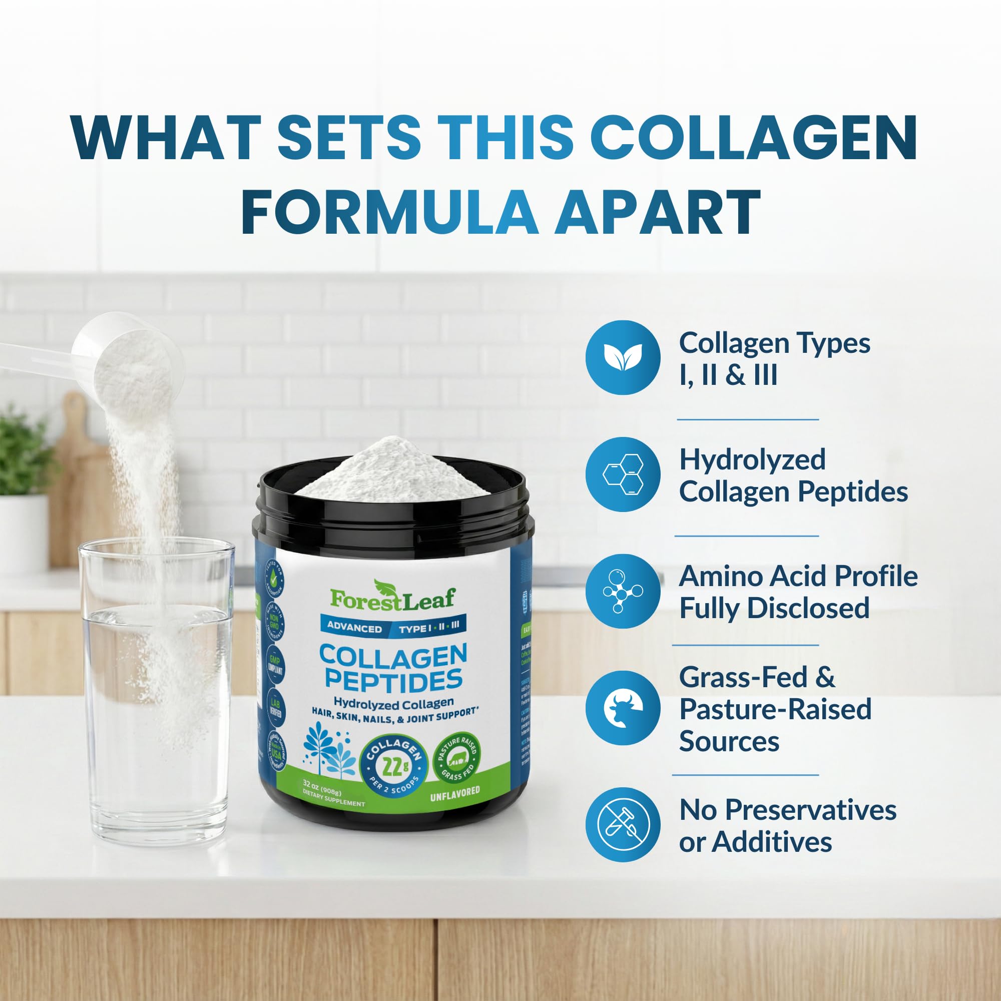 Collagen Peptides Powder Unflavored - Hydrolyzed Collagen Protein Powder Type 1, 2 & 3 - Grass Fed Keto Collagen Powder for Women & Men - Vital Hair, Skin, Nails, Joints, Recovery, 11g Per Serving