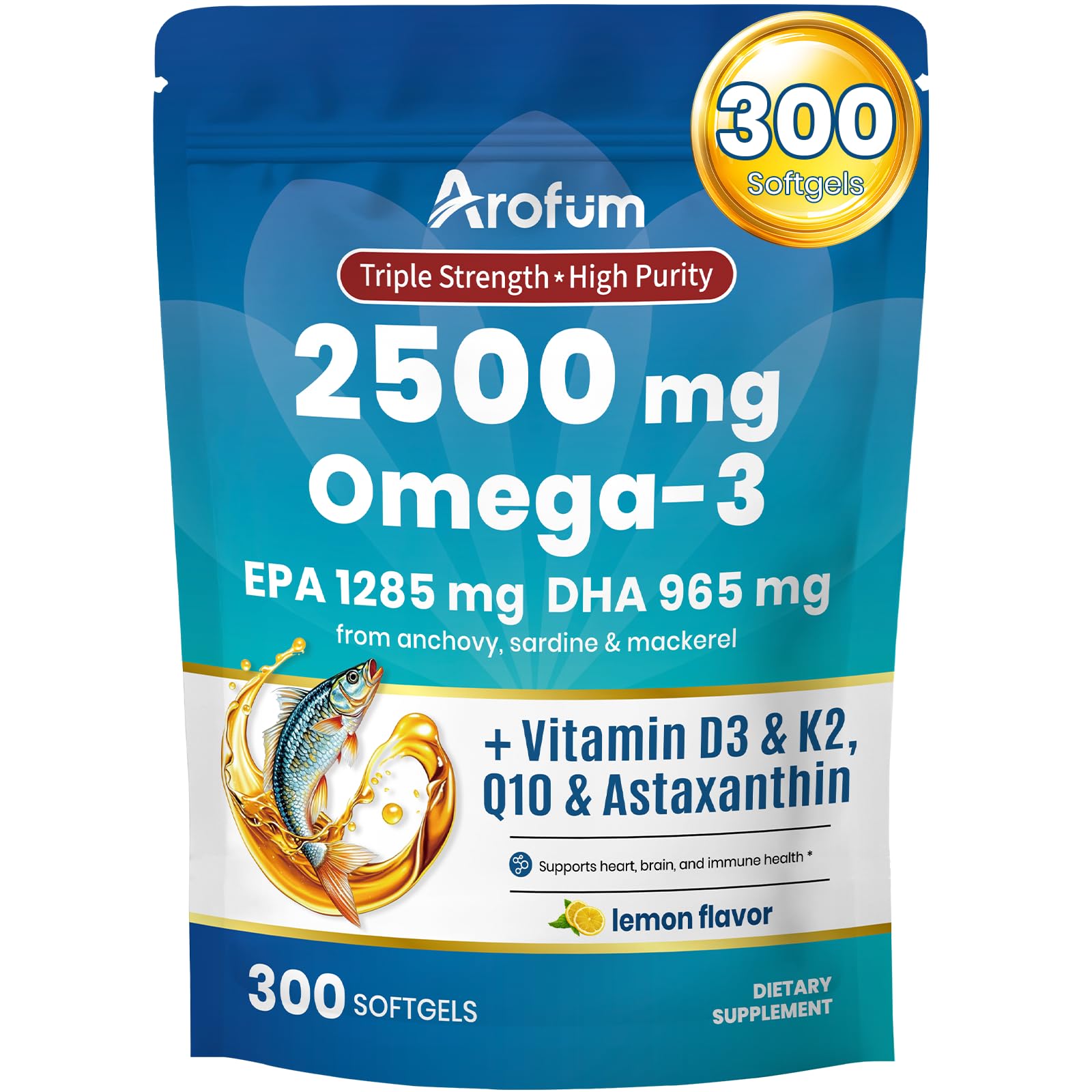 Arofum Omega 3 Fish Oil with Vitamin D3 K2 – 300 Lemon Flavored Burpless Softgels | Fish Oil Omega 3 Supplements Support Heart, Brain, Eyes & Immune Health | Gluten-Free, Non-GMO